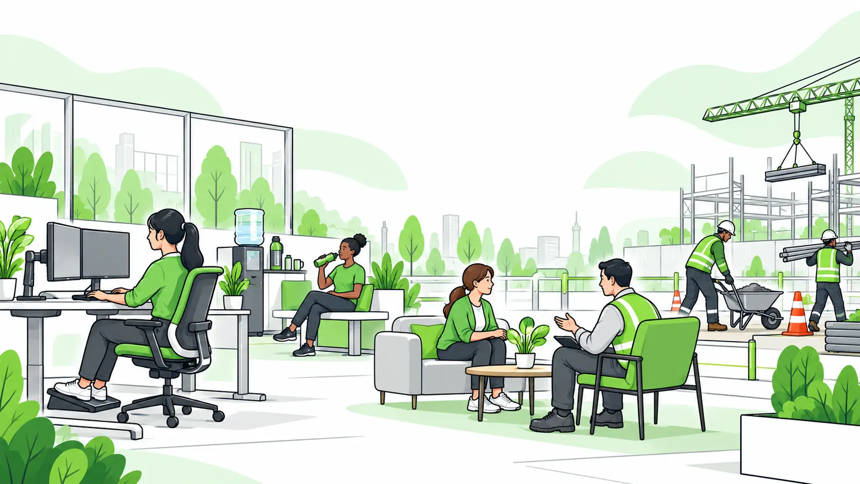 Workers use ergonomic equipment, hydration, rest facilities and supportive supervision as part of a practical workplace wellbeing program.