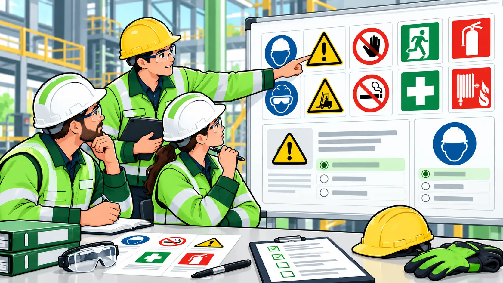 Workers in safety gear reviewing hazard and safety symbols on a whiteboard at an industrial site.
