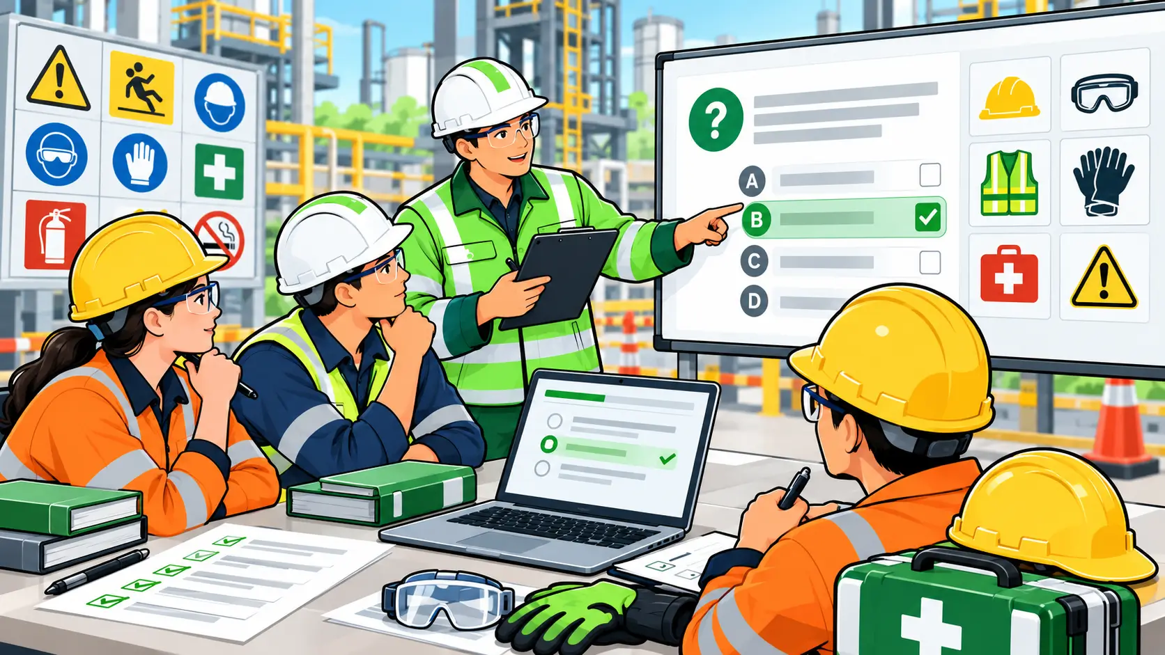Construction workers reviewing safety quiz answers at a site with safety signs and equipment in the background.