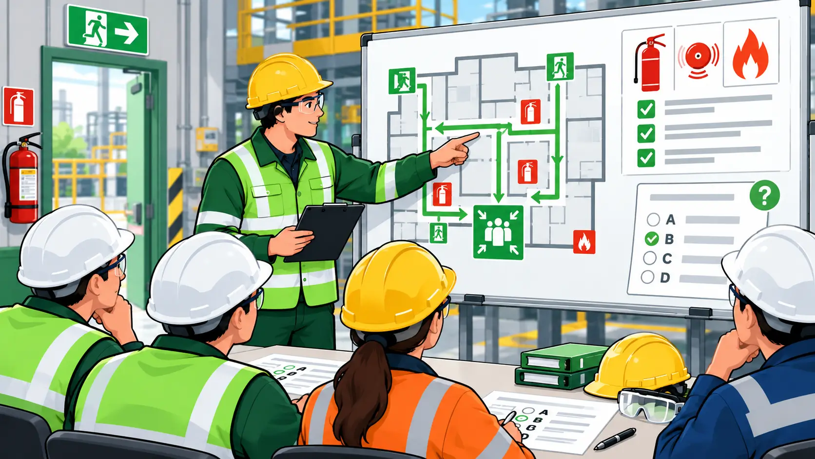 Workers reviewing fire prevention and emergency action plans on a safety diagram in an industrial setting.
