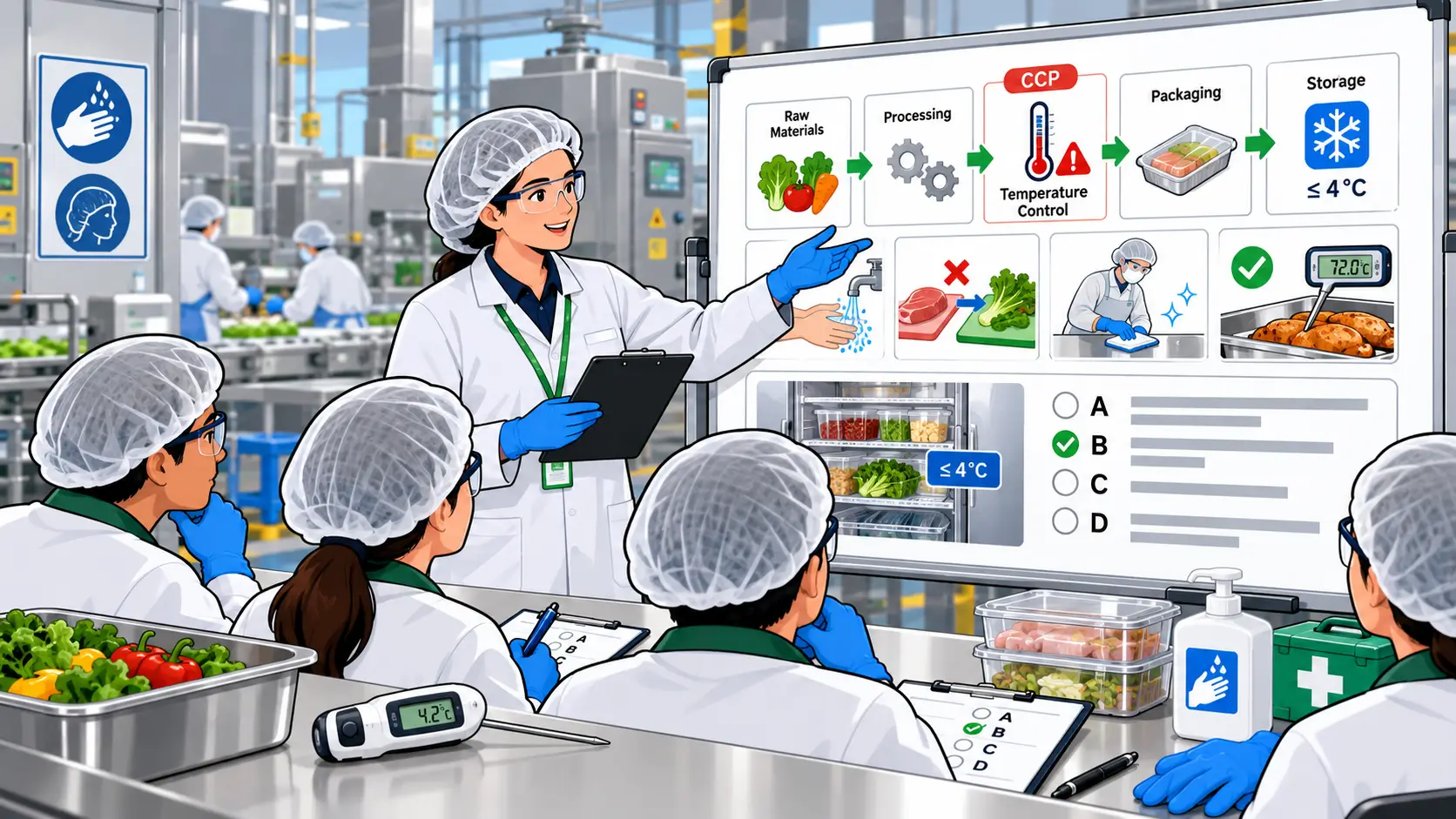 Food safety training session in a food processing plant, focusing on temperature control and hygiene practices.