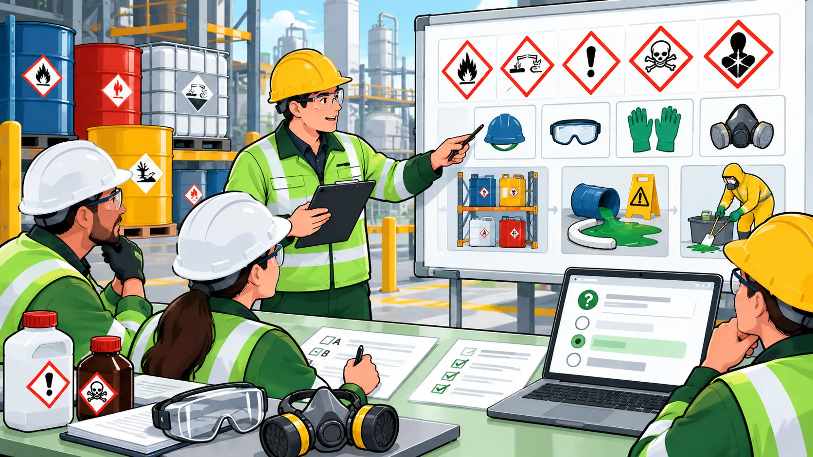 Workers in a chemical plant reviewing hazardous substance safety labels and safety procedures during a training session.