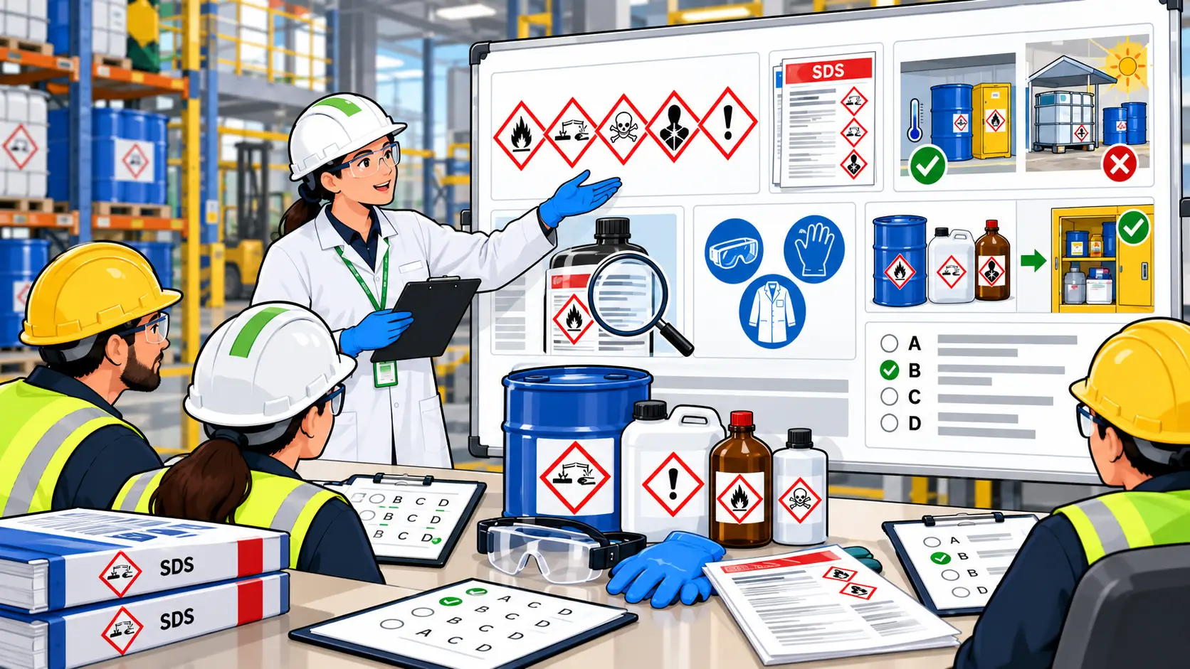Workers in a warehouse reviewing hazard communication labels, SDS, and safety procedures for chemical safety.