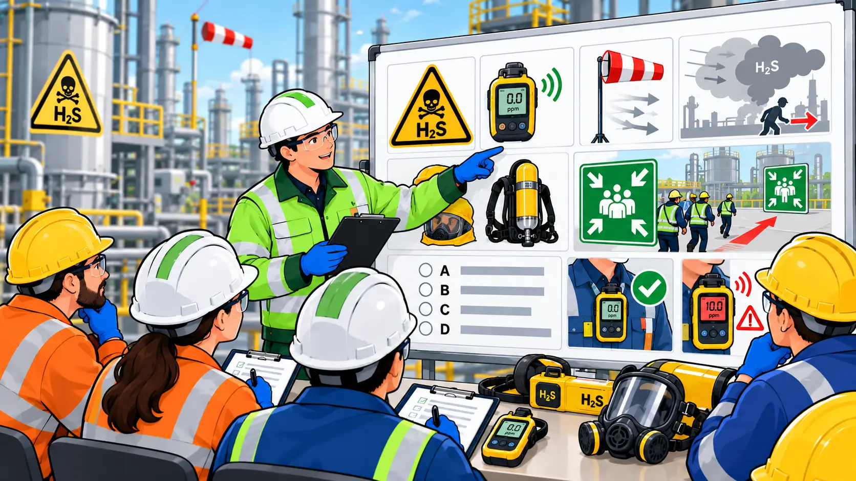 Workers in safety gear review hydrogen sulfide (H2S) safety protocols and gas detection equipment at an industrial site.
