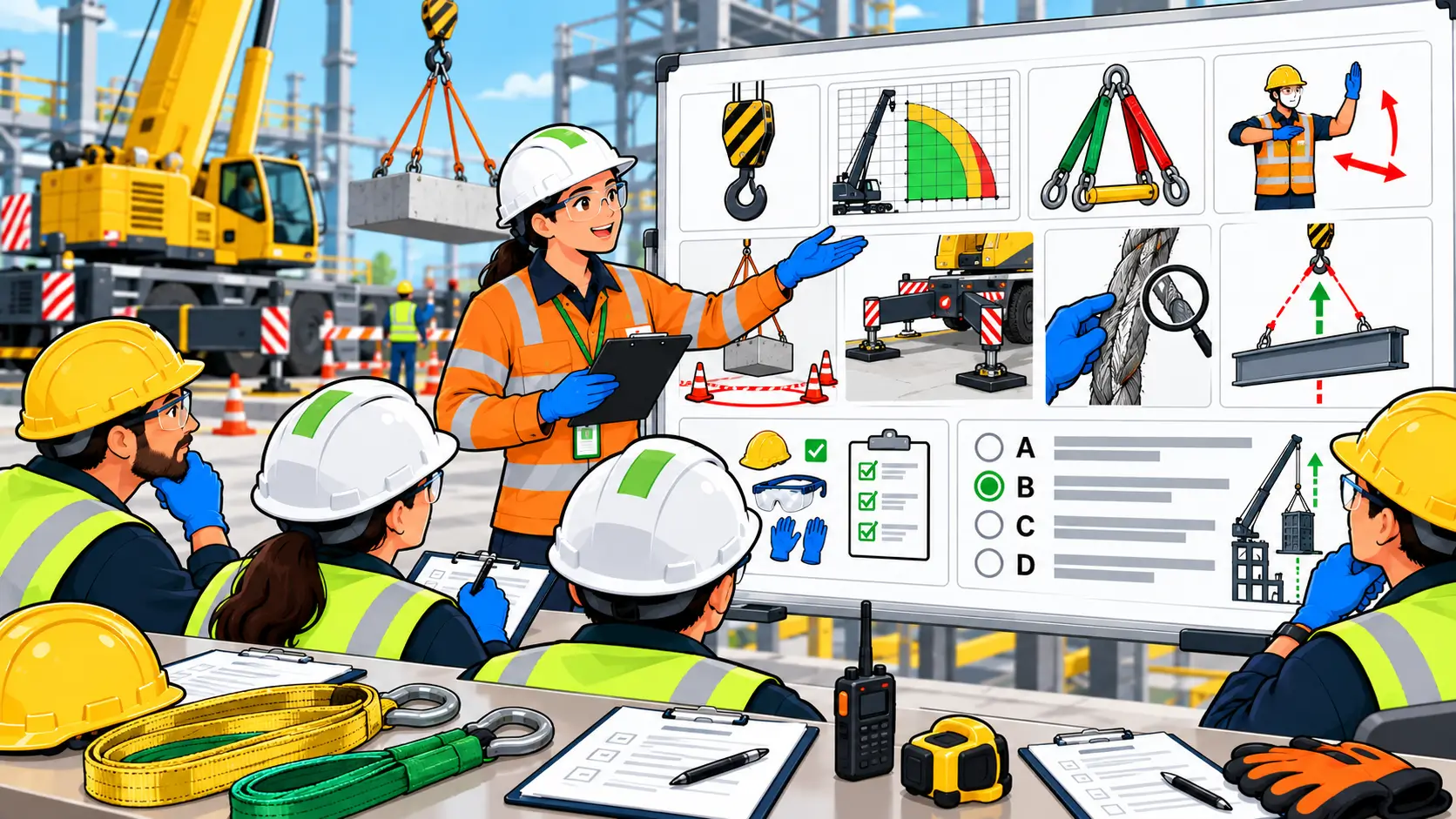 Safety briefing on crane lifting operations with workers reviewing safety procedures and equipment at a construction site.