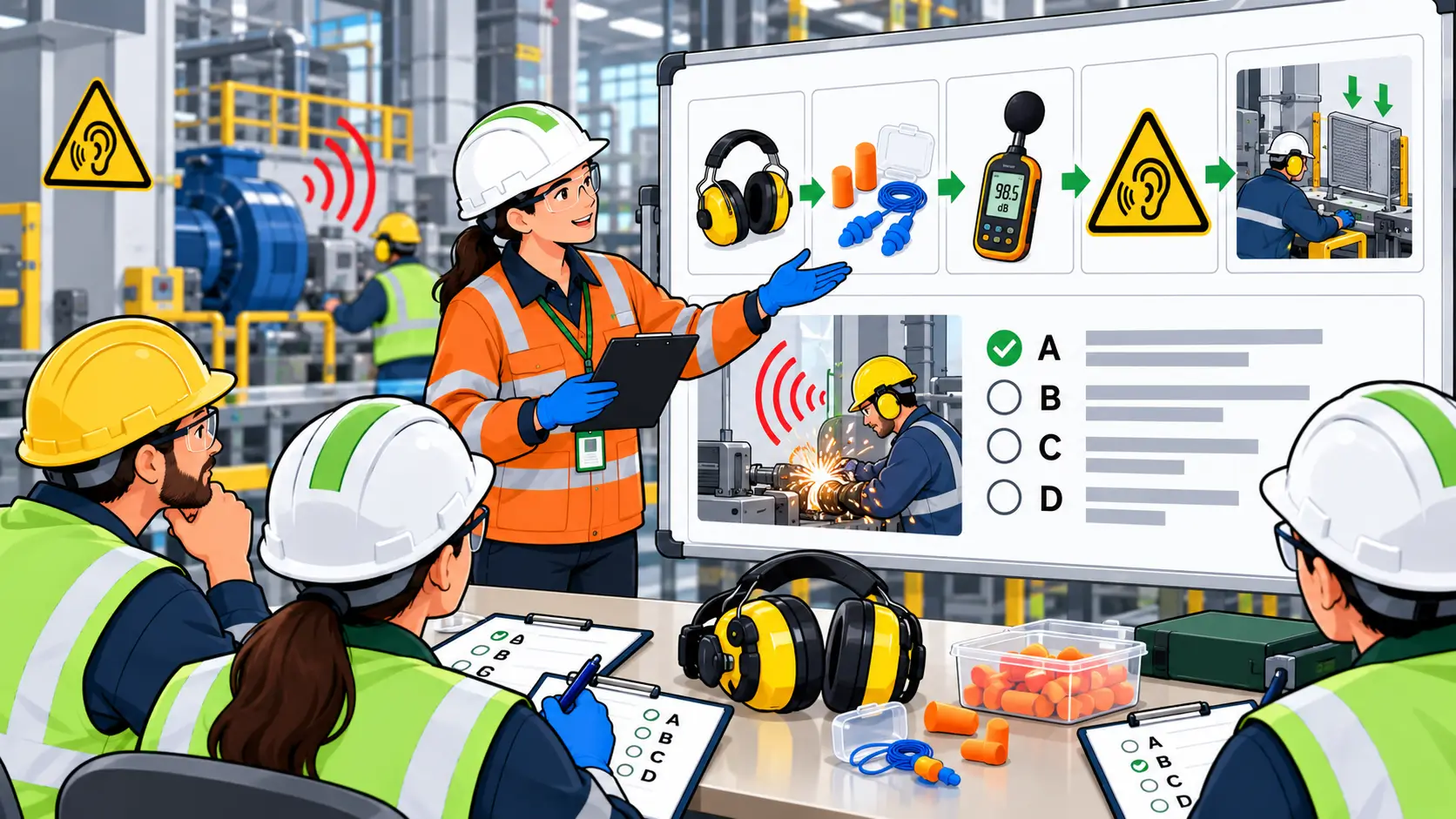 Workers in a factory participate in a hearing protection quiz, with safety gear and noise level testing equipment visible.