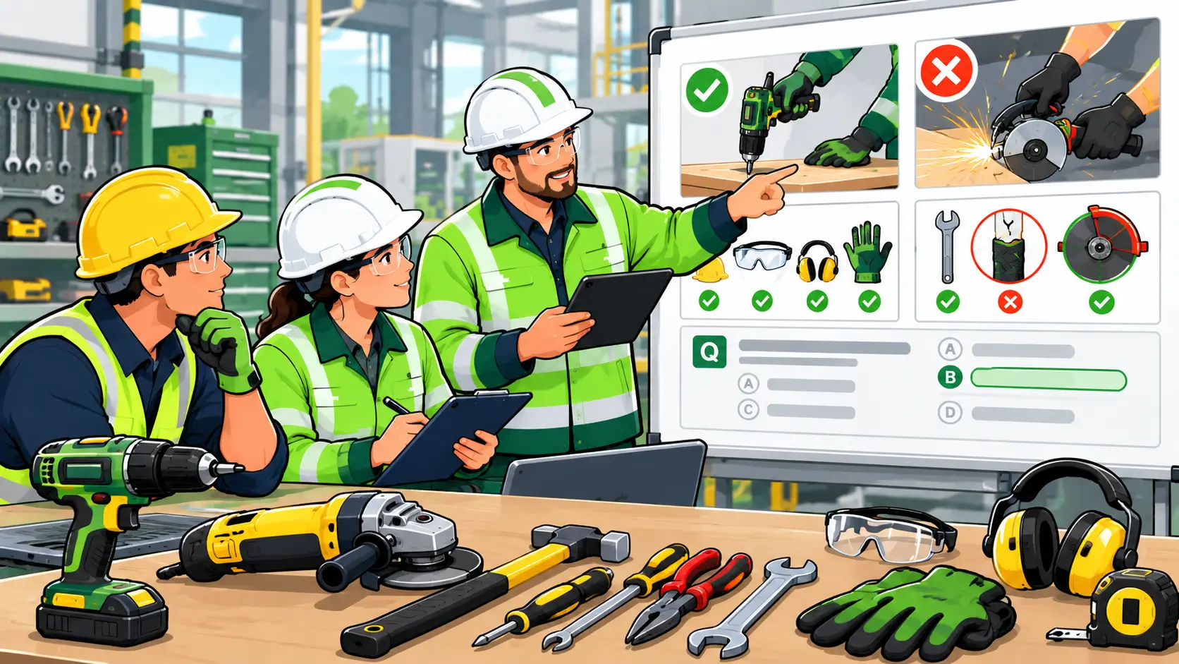 Workers in safety gear review tool safety practices and correct PPE use in a workshop setting.