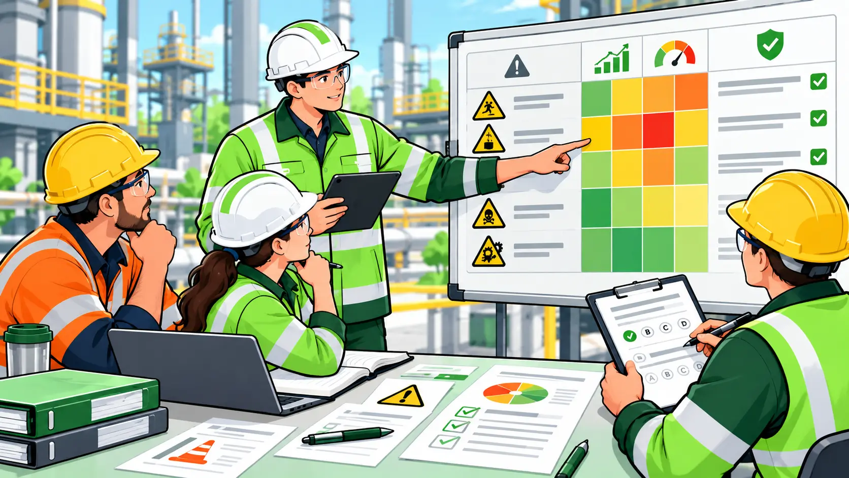 Team of workers in safety gear reviewing risk assessment charts and safety data at an industrial site.