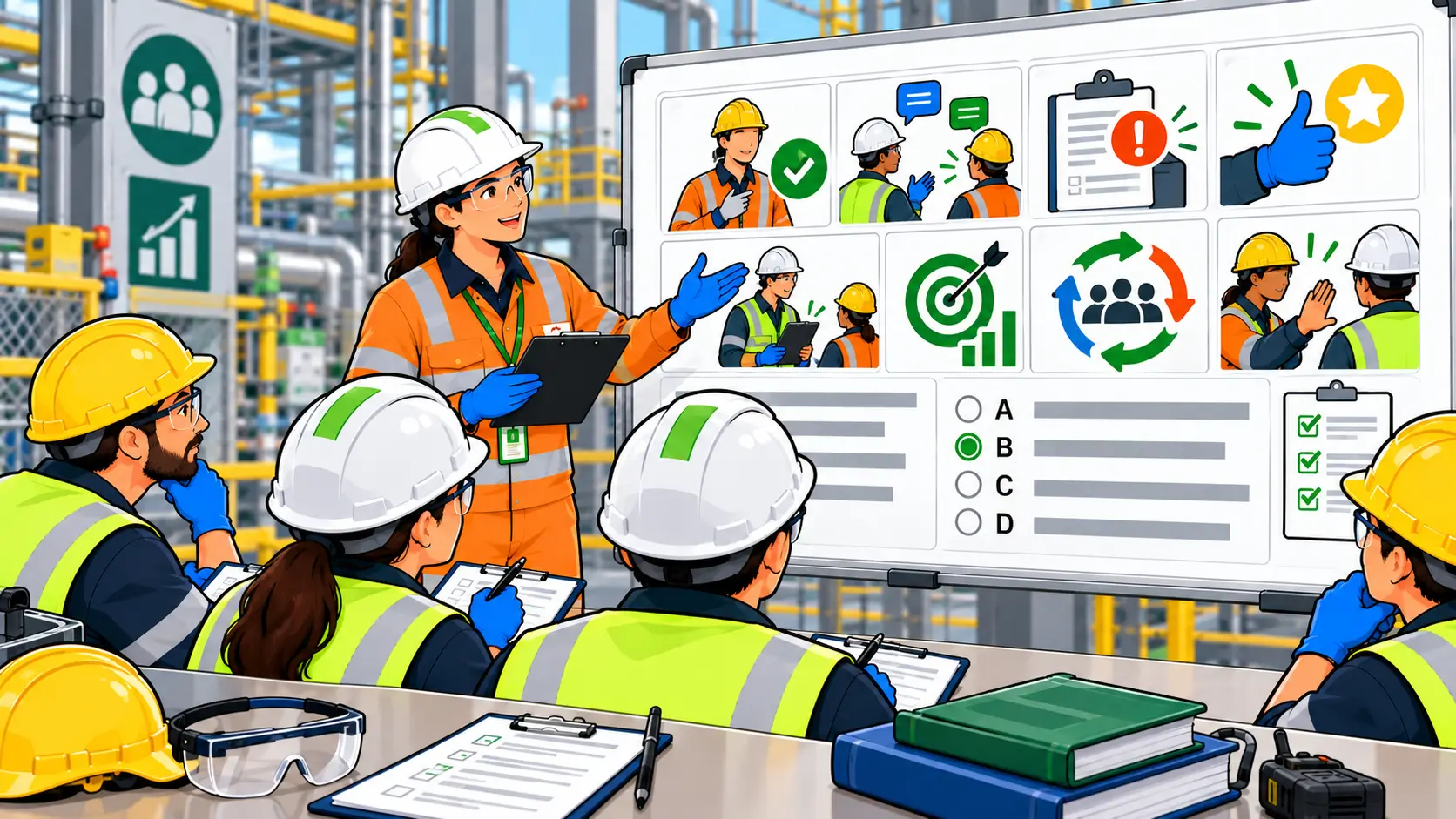 Workers in safety gear participate in a safety accountability quiz and discussion at an industrial site.