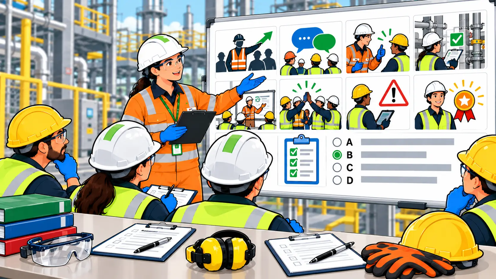 Workers in safety gear participating in a safety leadership quiz session at an industrial site.