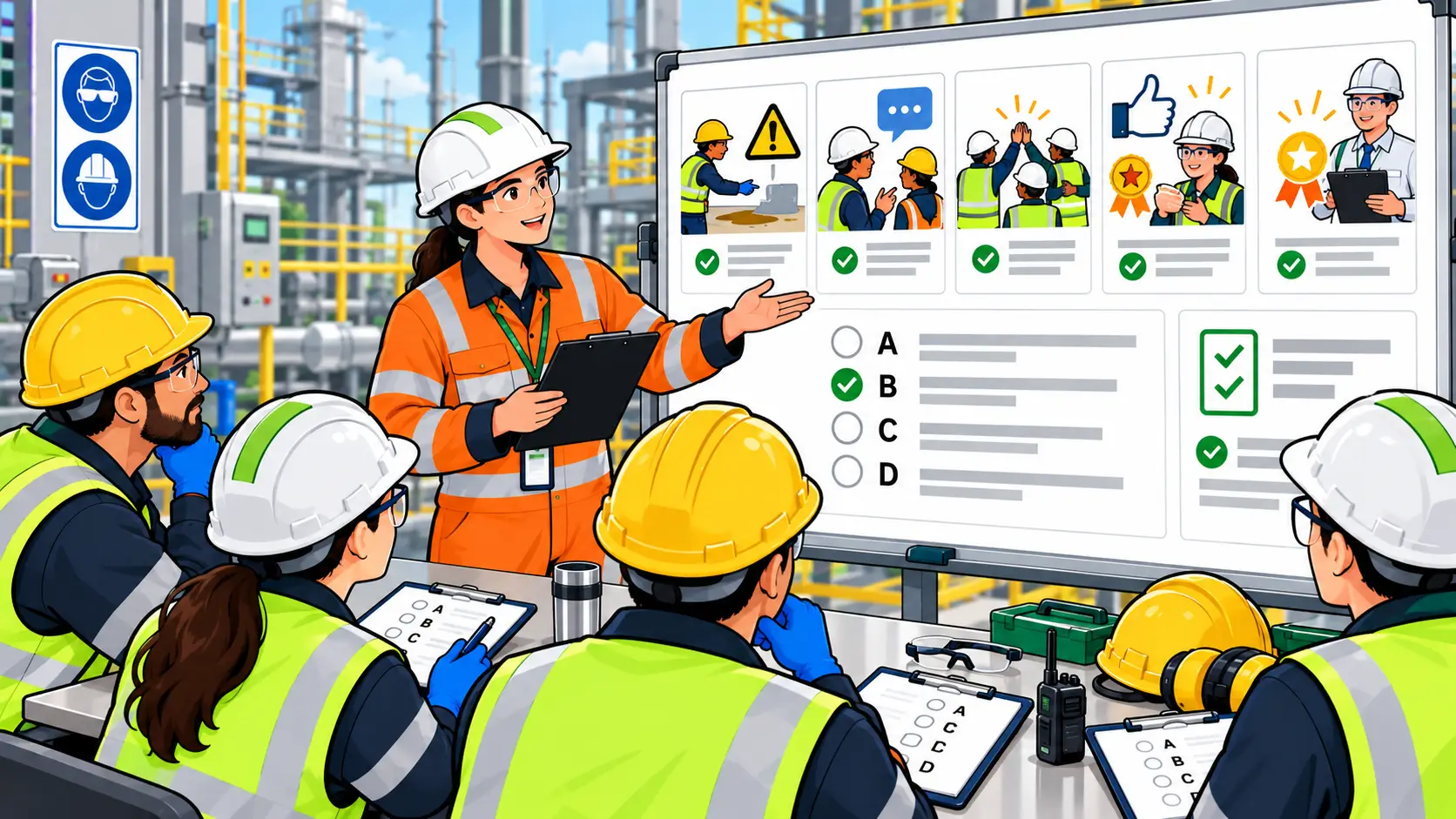 Workers in safety gear participate in a safety recognition quiz and discussion in an industrial workplace.