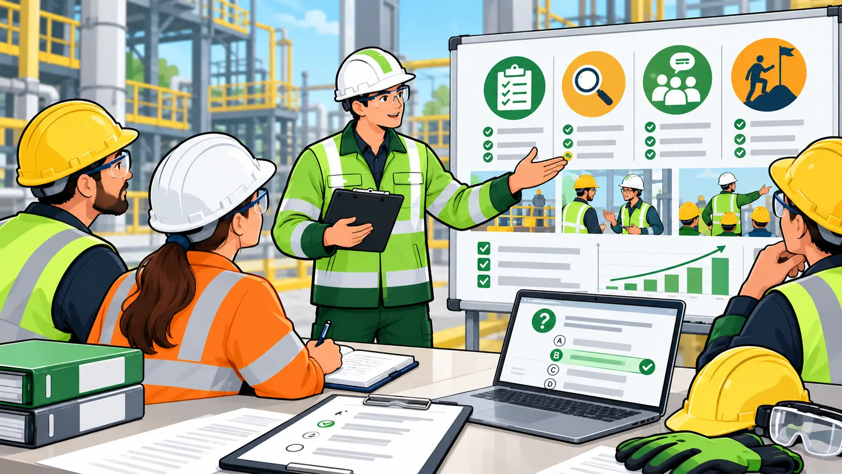 Safety supervisor conducting a safety review with team at an industrial site, using charts and checklists for safety compliance.
