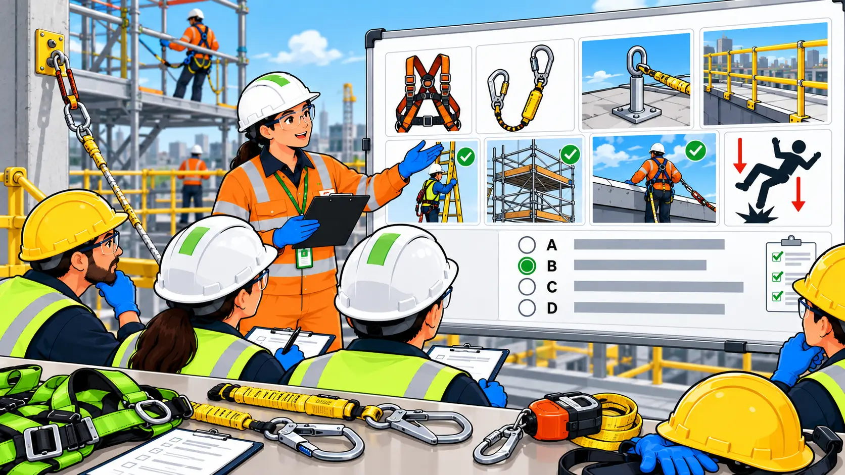 Workers at height reviewing fall protection safety options and equipment on a construction site.