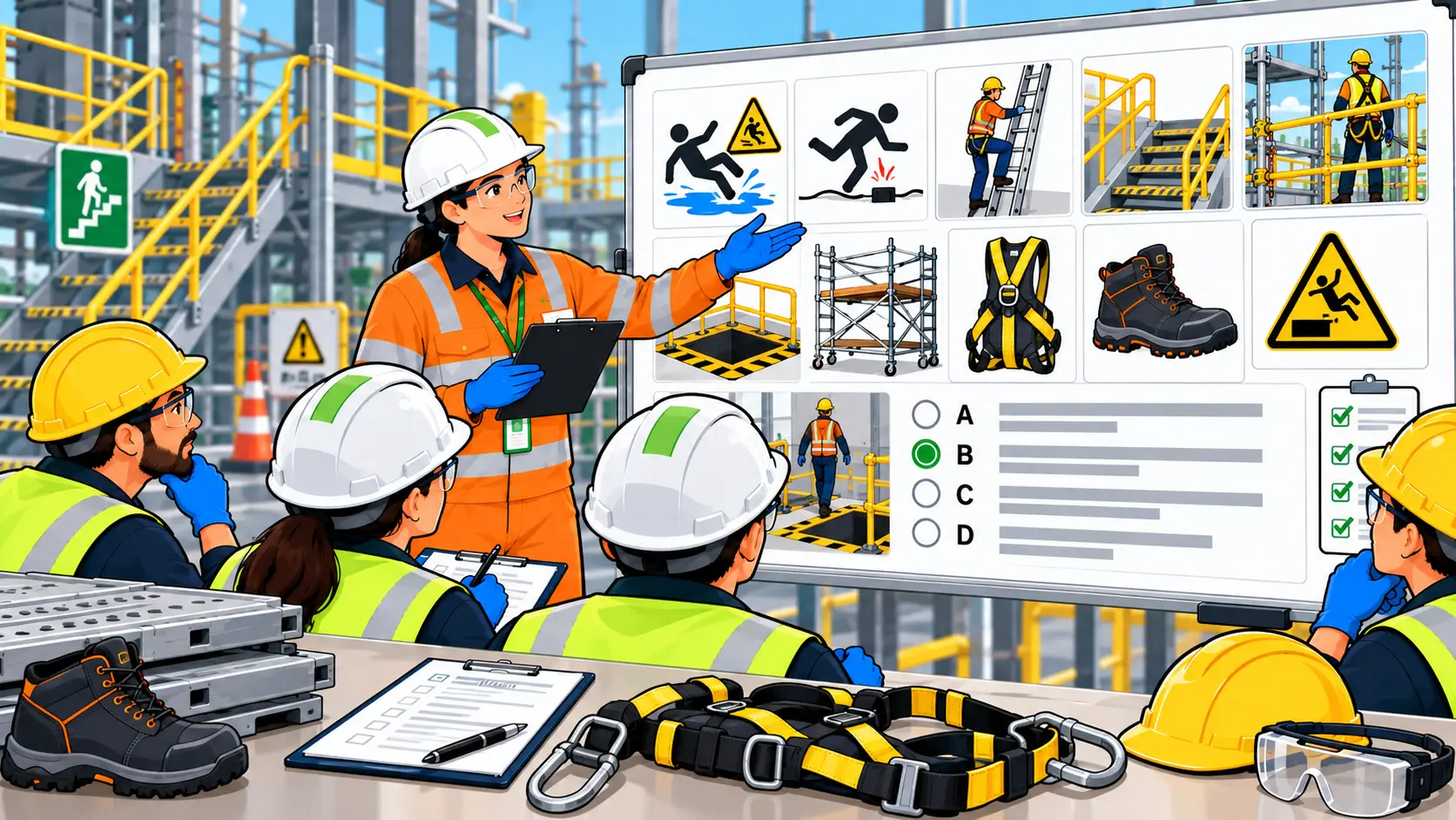 Workers reviewing fall protection and scaffolding safety procedures at an industrial site.