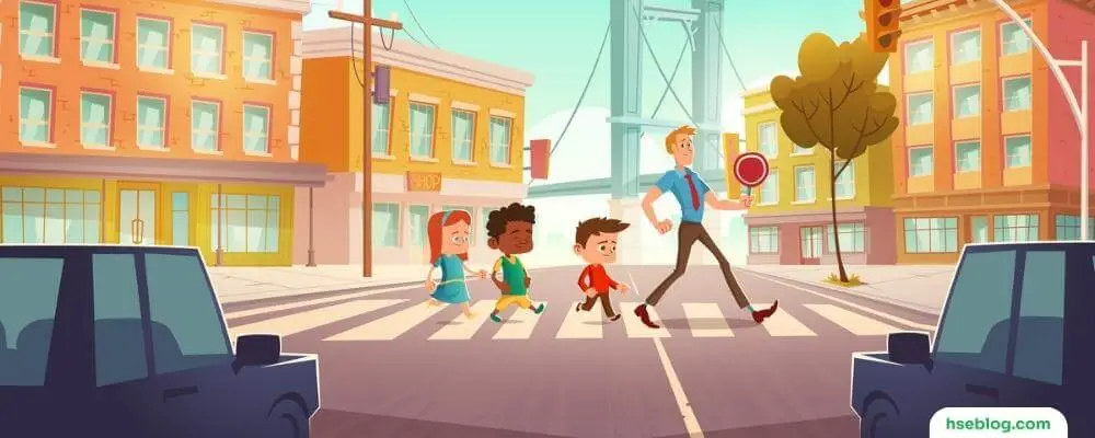 Road safety rules for children set. Kids crossing street along