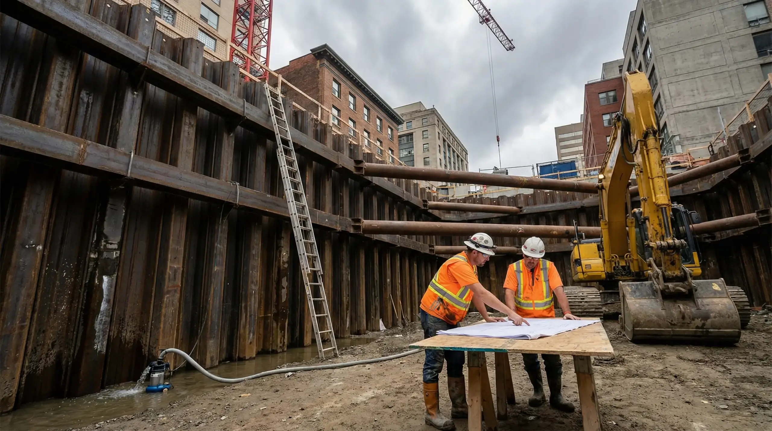 Two construction workers in safety vests review blueprints at a waterfront site with steel pilings and heavy equipment.
