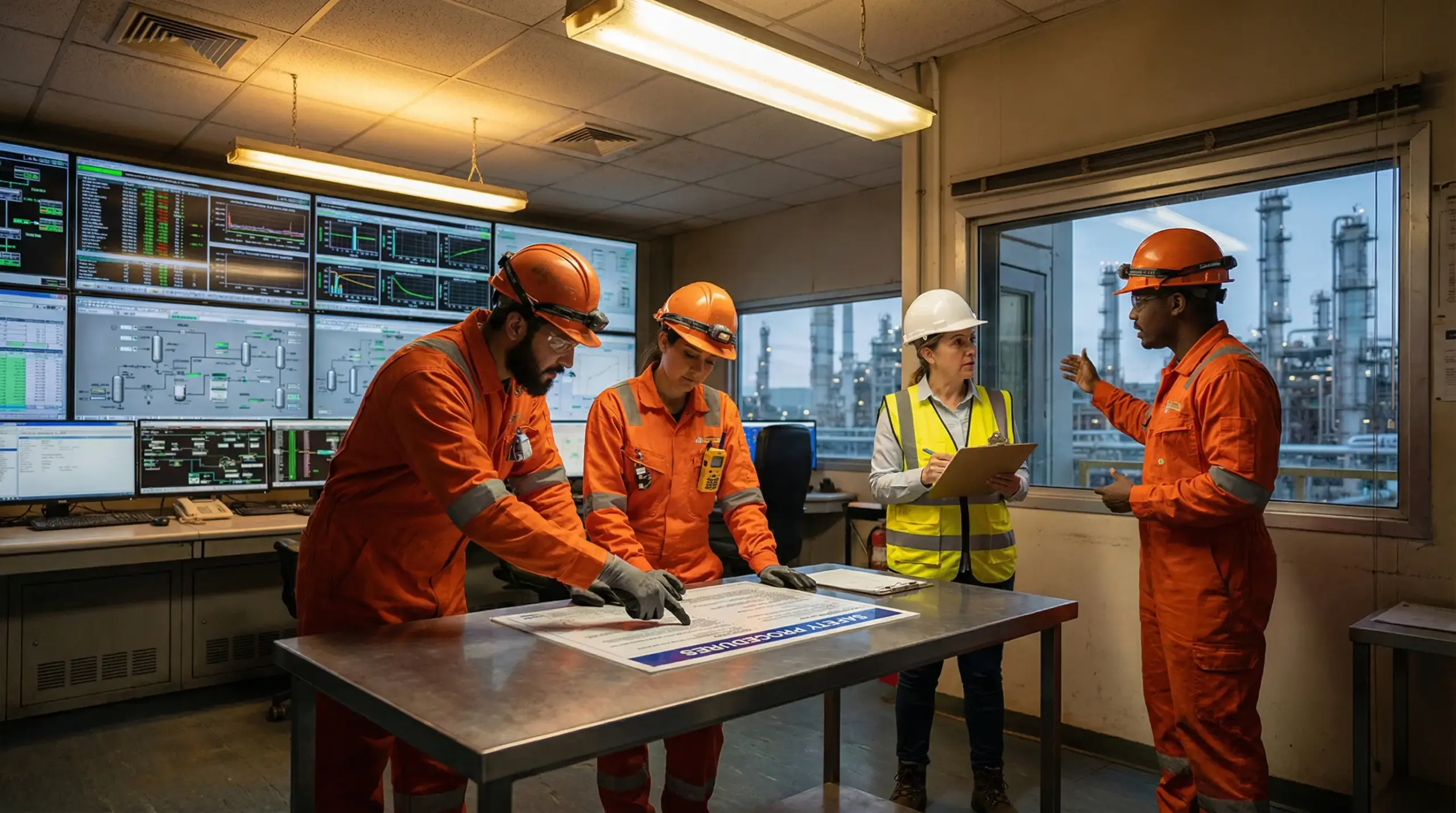 Industrial control room with five workers in safety gear reviewing blueprints at a table, with monitoring screens and refinery facilities visible through windows.