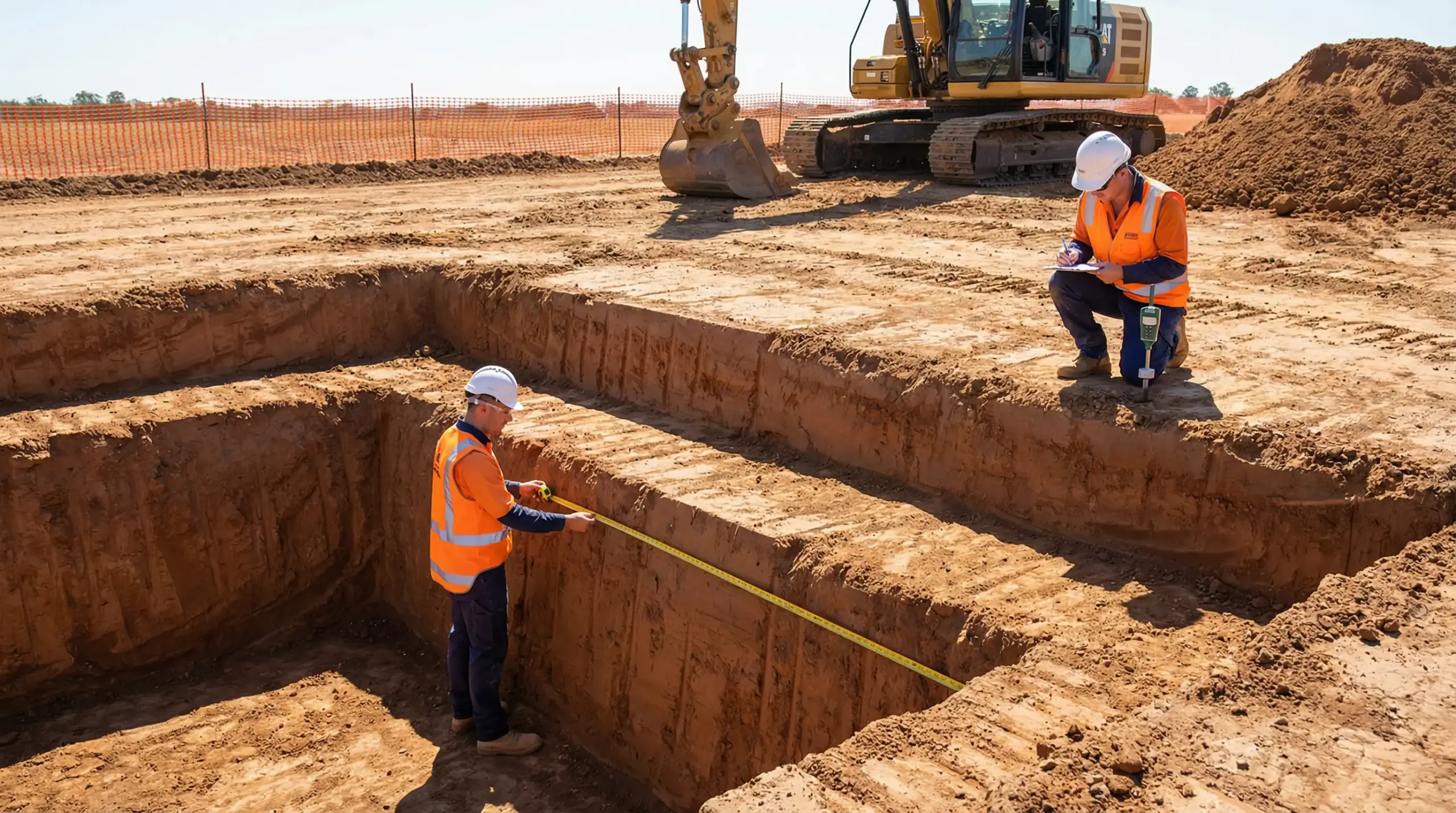Construction workers in safety gear measuring excavated trenches on a building site with heavy machinery in background.