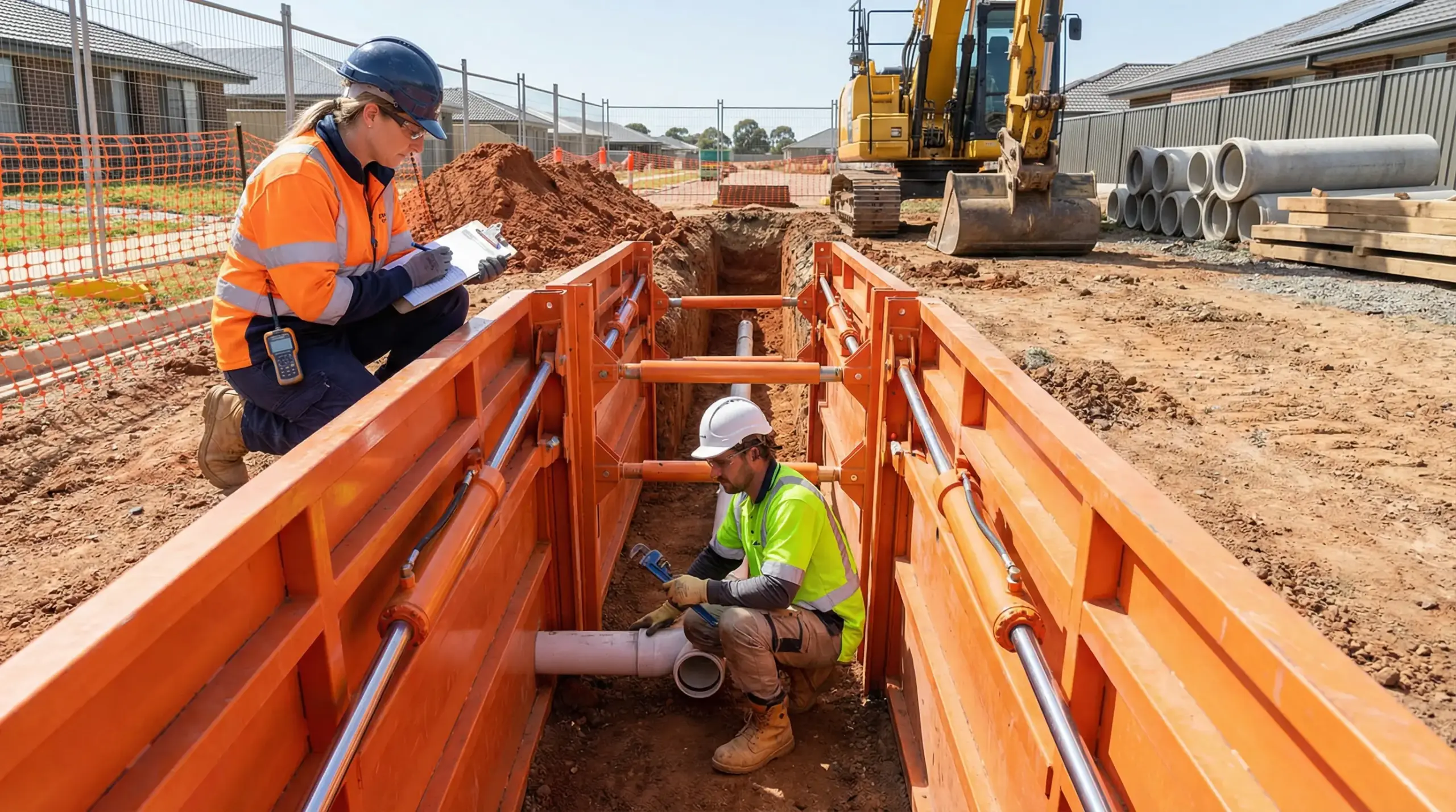 Construction worker in safety gear inspecting underground pipe installation in trench with supervisor documentation at job site.
