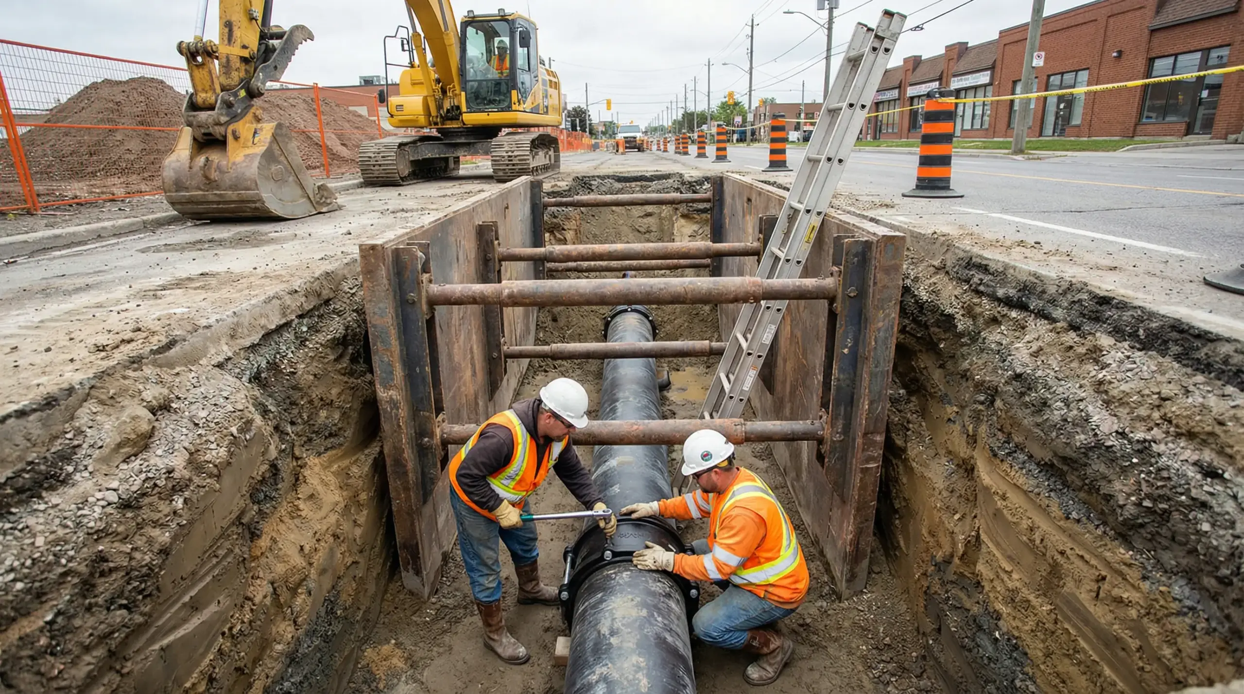 Two construction workers in safety gear install an underground pipe in a deep excavation trench shored with wooden supports on an active street construction site.