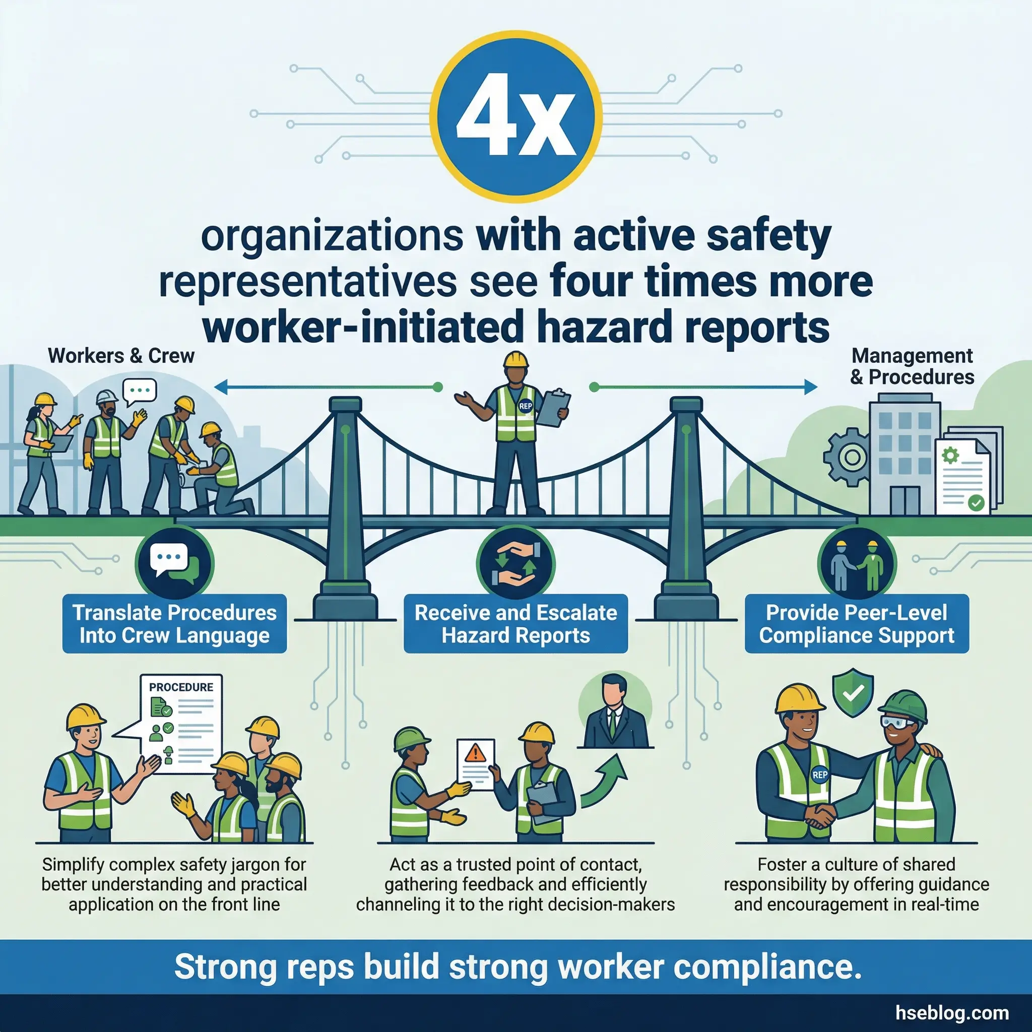 Infographic showing how active safety representatives increase worker-initiated hazard reports four times through translating procedures, receiving reports, and providing peer support.