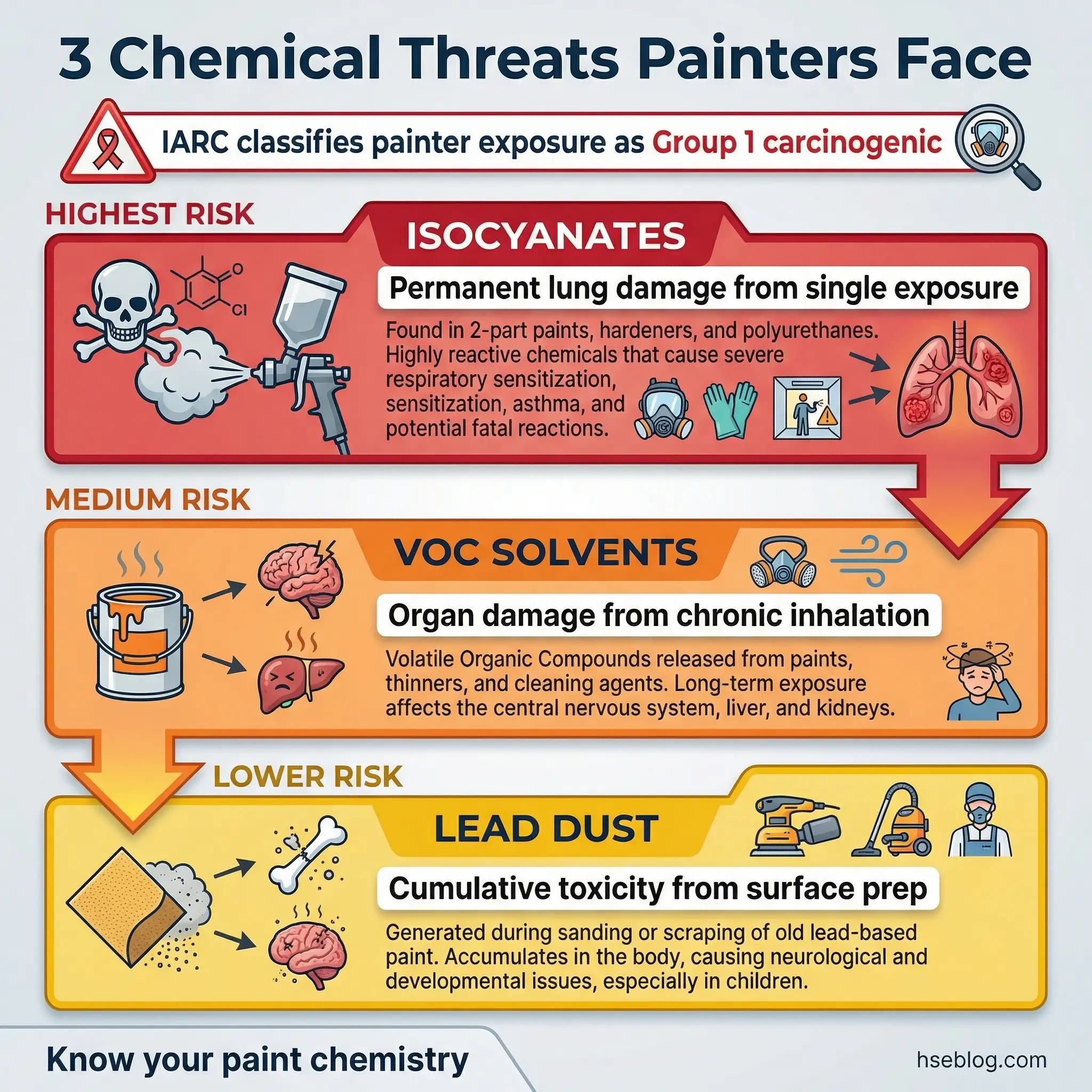 Infographic showing three chemical hazards painters face: isocyanates causing lung damage, VOC solvents causing organ damage, and lead dust causing cumulative toxicity, ranked by risk level.