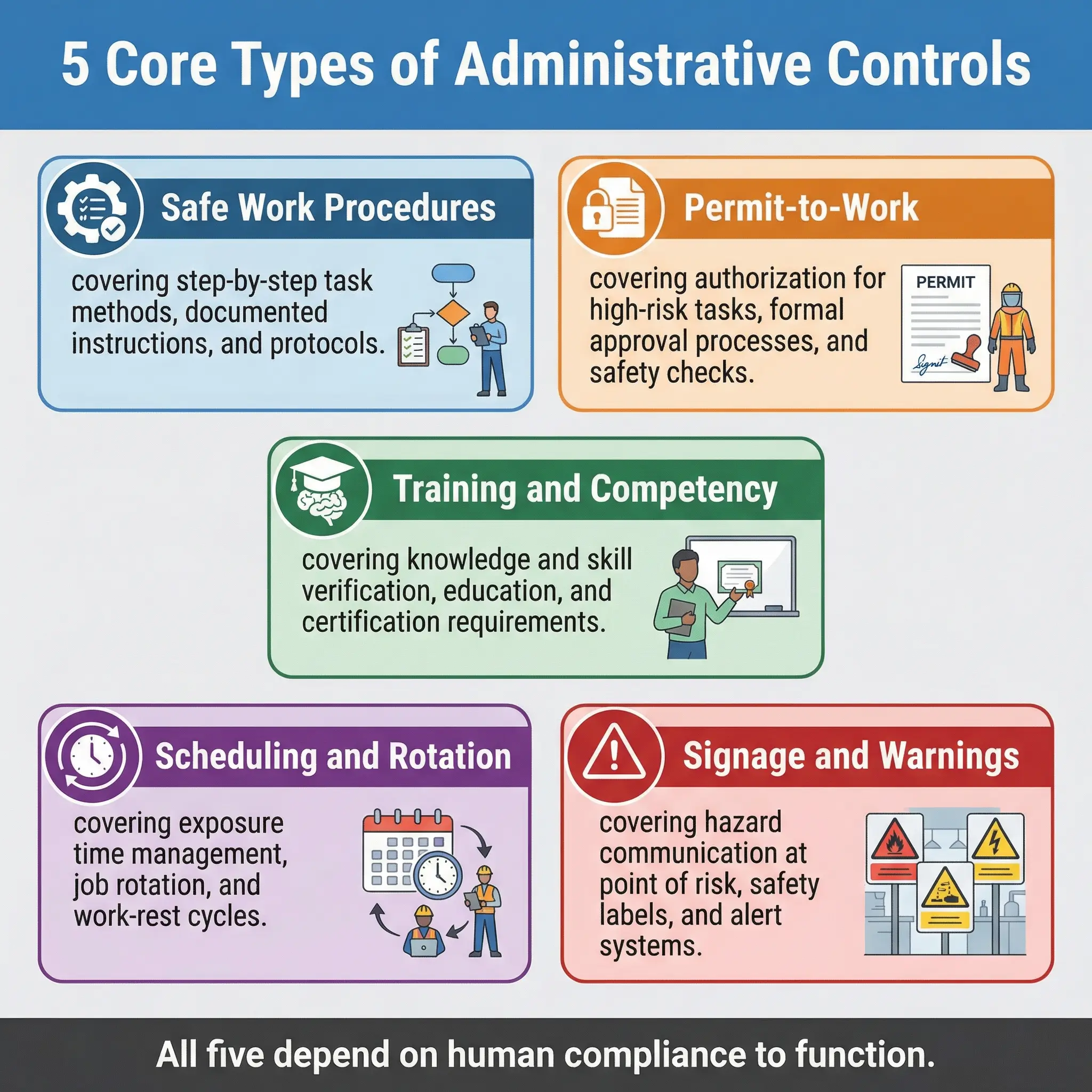 Infographic displaying five core types of administrative controls for workplace safety: safe work procedures, permit-to-work, training and competency, scheduling and rotation, and signage and warni...
