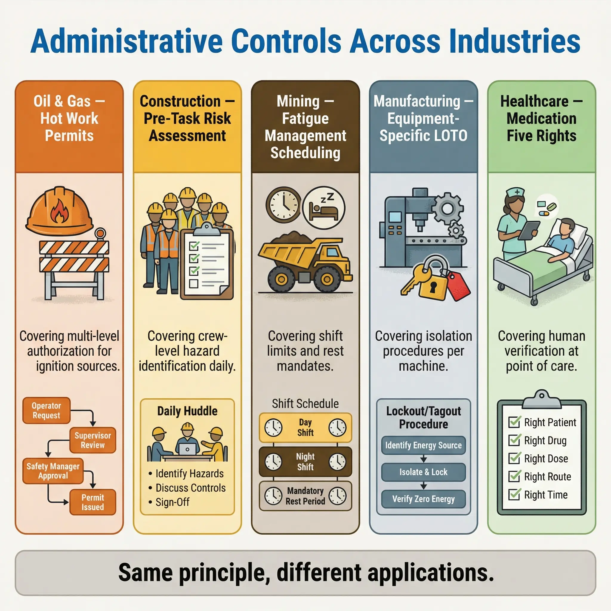 Administrative control systems across five industries—oil and gas, construction, mining, manufacturing, and healthcare—showing sector-specific safety procedures with shared risk management principles.