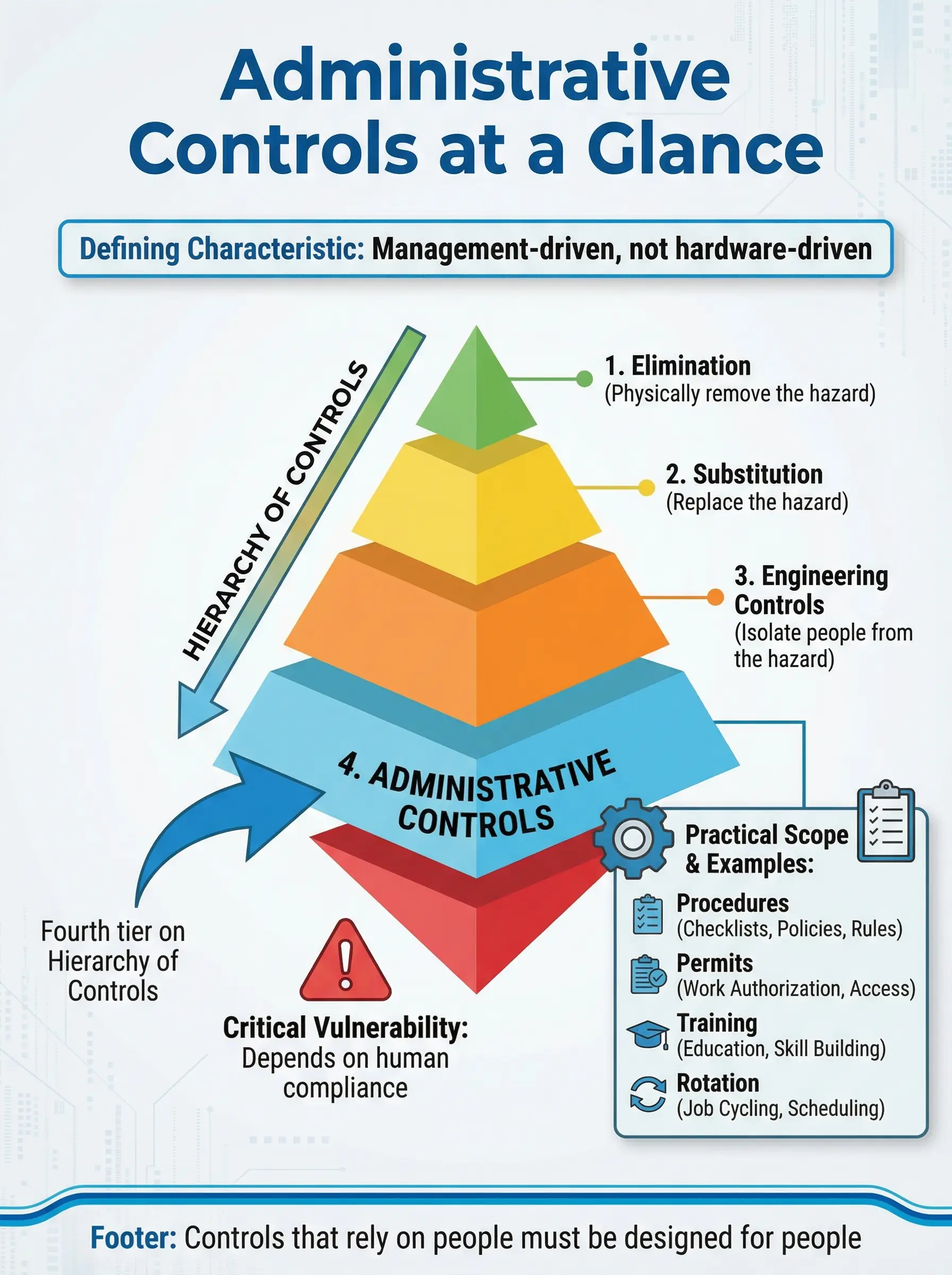 Hierarchy of Controls pyramid showing Administrative Controls as the fourth tier, including procedures, permits, training, and rotation, with emphasis on human compliance dependence.
