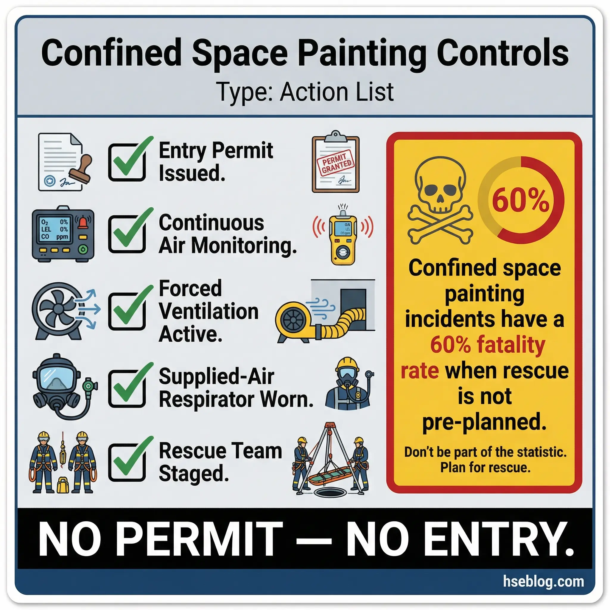 Safety checklist for confined space painting requiring entry permit, air monitoring, ventilation, respirator, and staged rescue team, emphasizing 60% fatality rate without pre-planning.