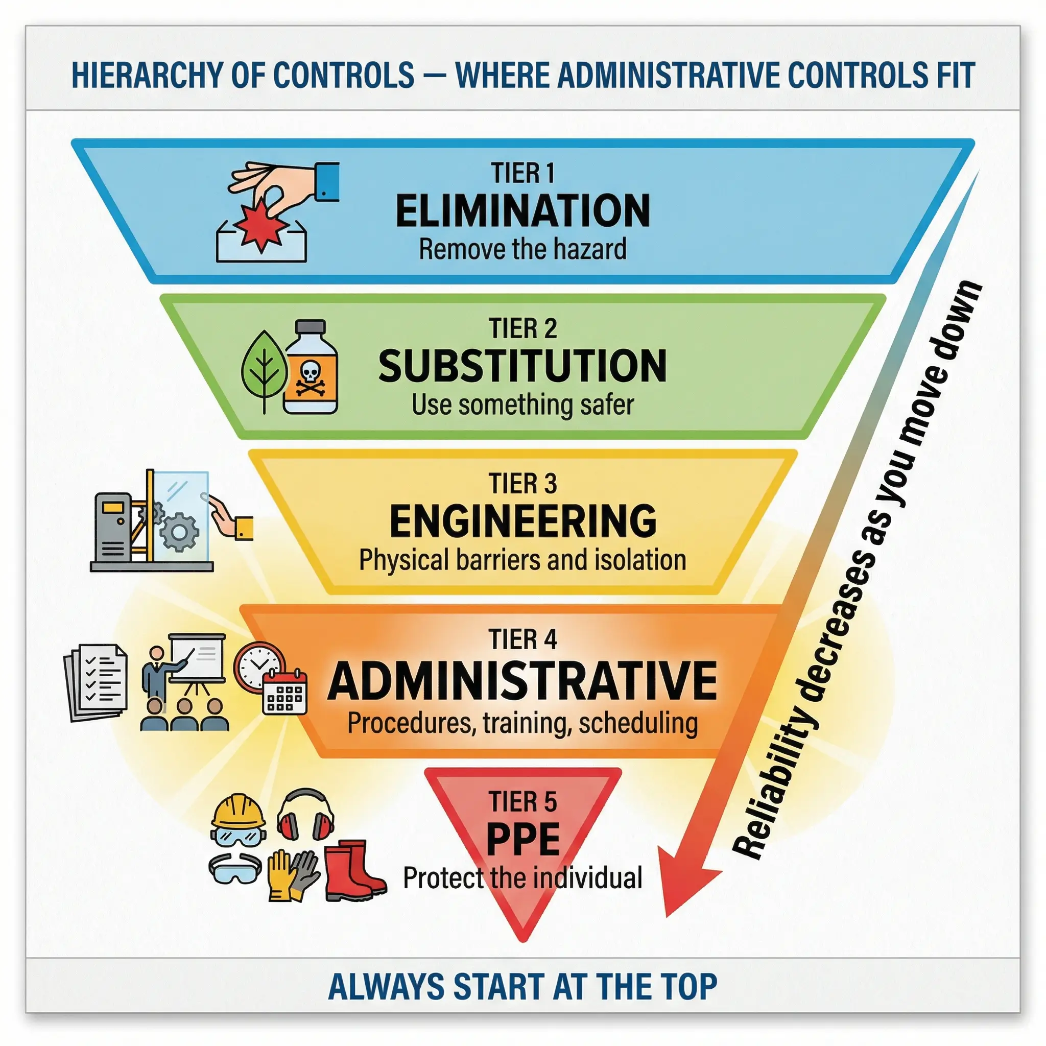 Hierarchy of Controls diagram showing five tiers from elimination at top to PPE at bottom, illustrating workplace safety risk management levels.
