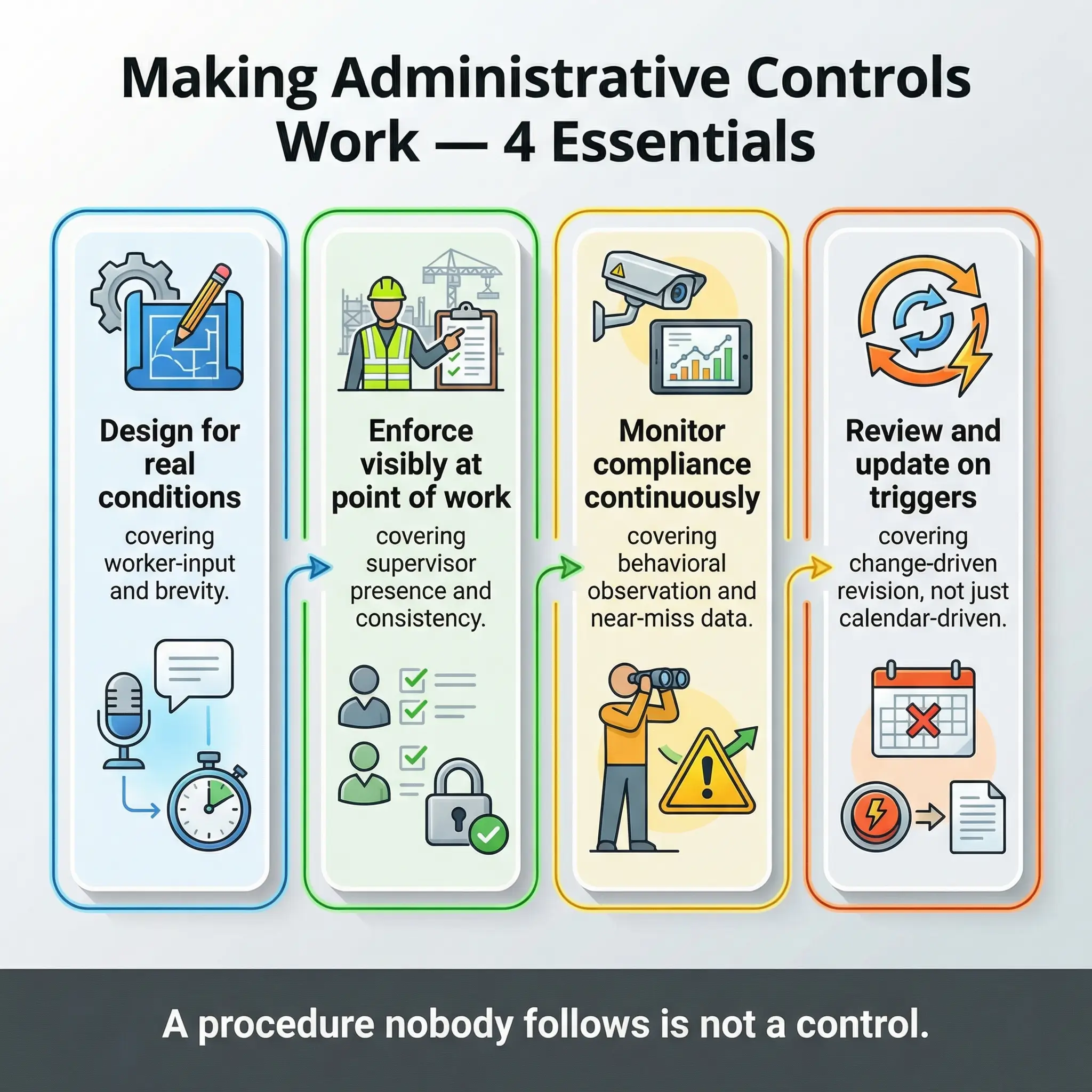 Four pillars of effective administrative controls: designing practical procedures, visible enforcement by supervisors, continuous compliance monitoring, and trigger-based reviews rather than calend...
