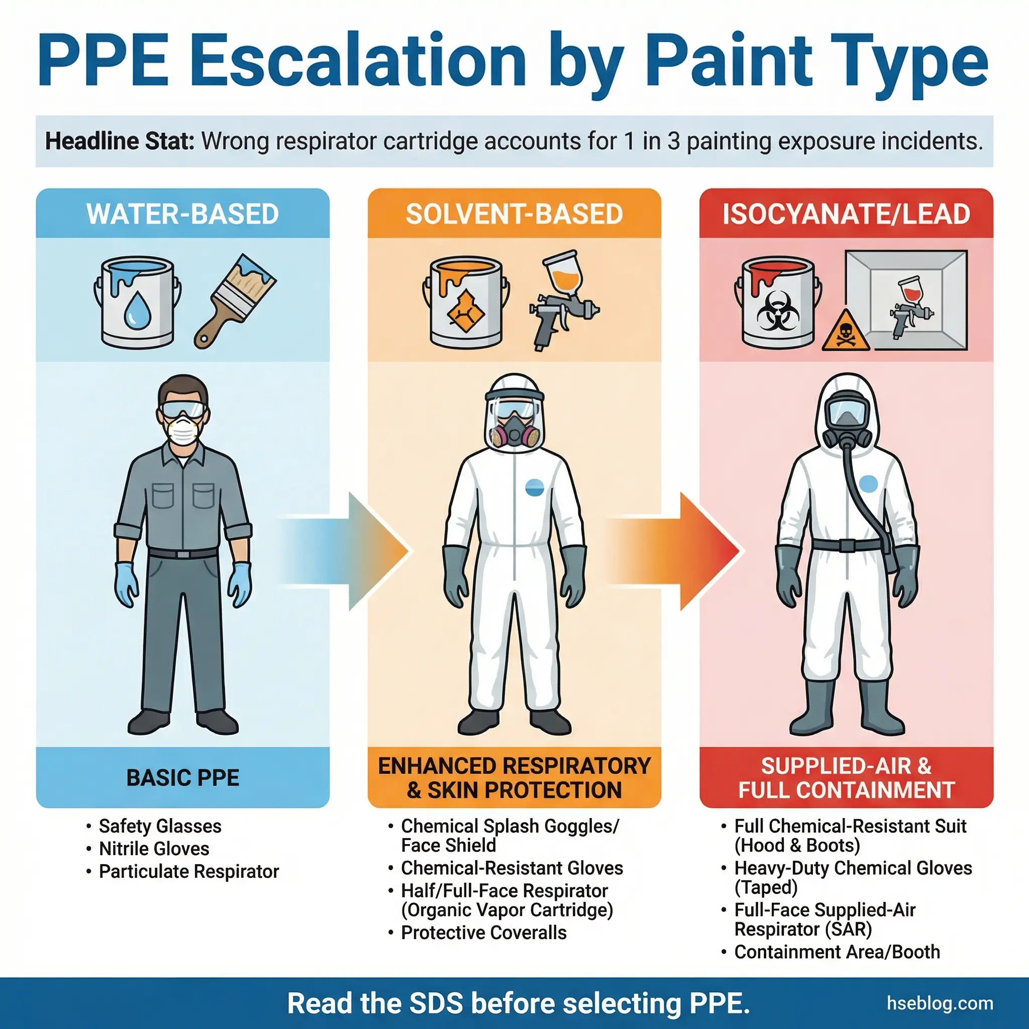 Infographic showing PPE escalation levels for three paint types: water-based requiring basic protection, solvent-based requiring enhanced respiratory protection, and isocyanate/lead requiring full ...