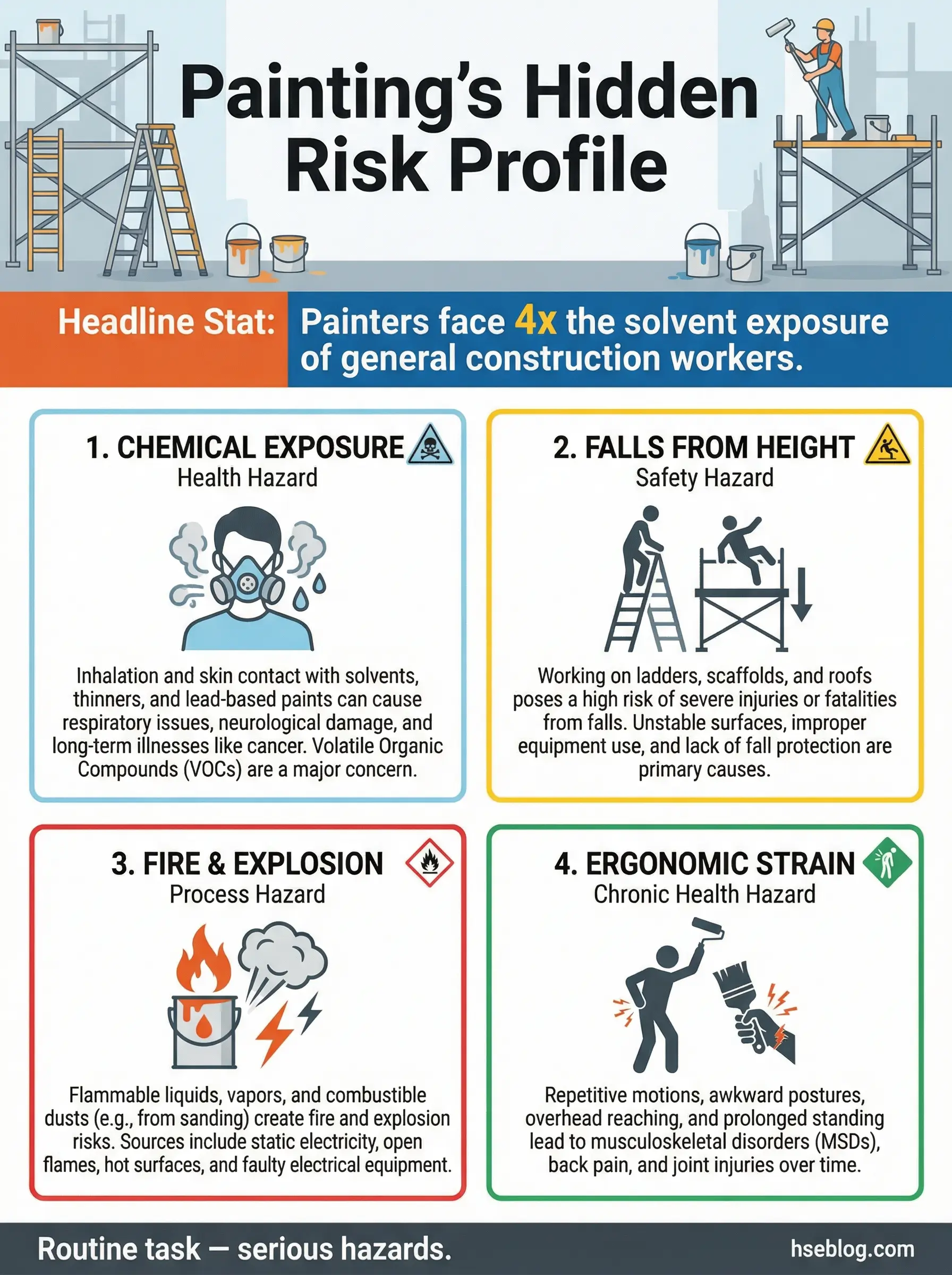 Infographic showing four major hazards painters face: chemical exposure, falls from height, fire and explosion risks, and ergonomic strain injuries.