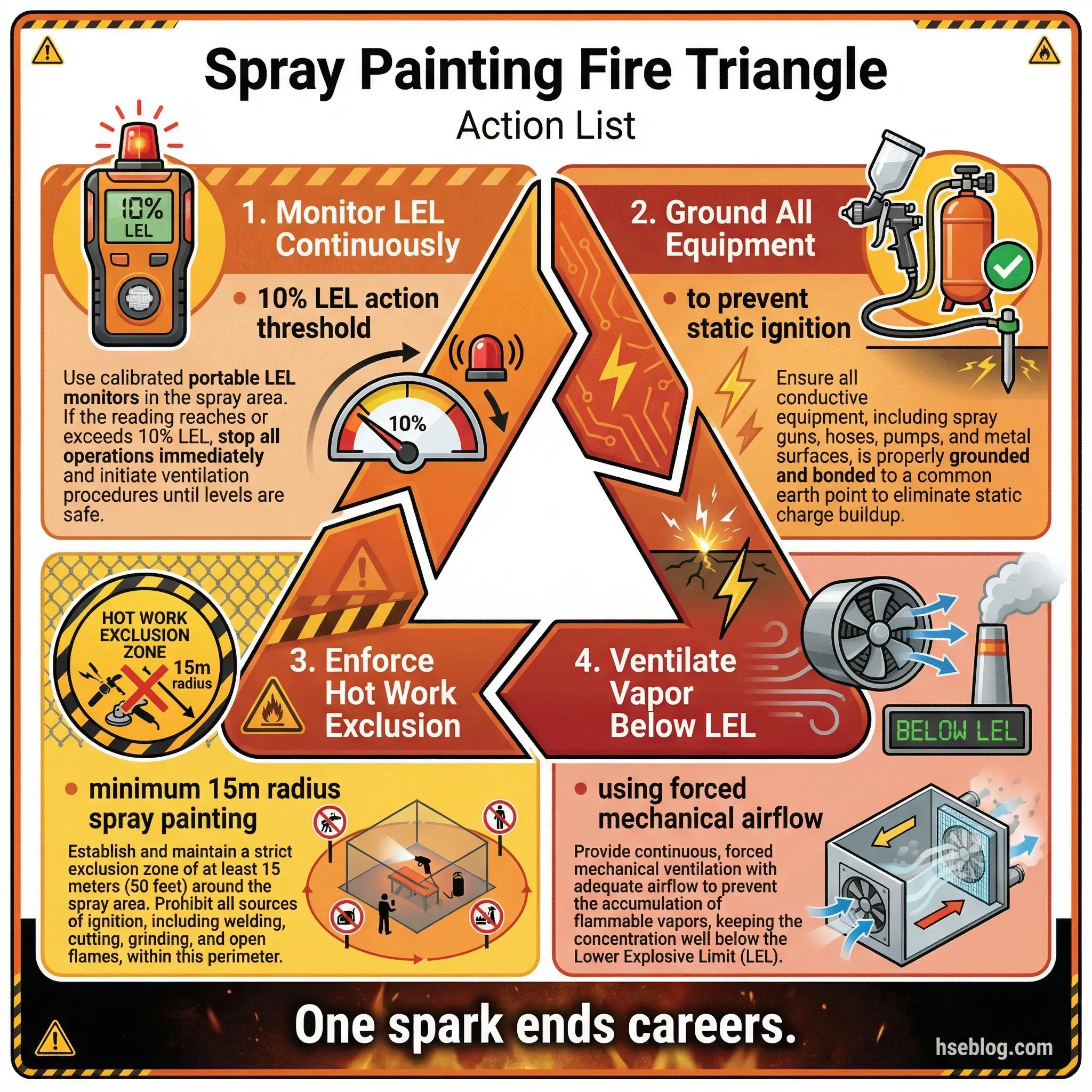 Safety infographic showing spray painting fire triangle action list with four key steps: monitoring LEL levels, grounding equipment, enforcing hot work exclusion zones, and ventilating vapor below ...