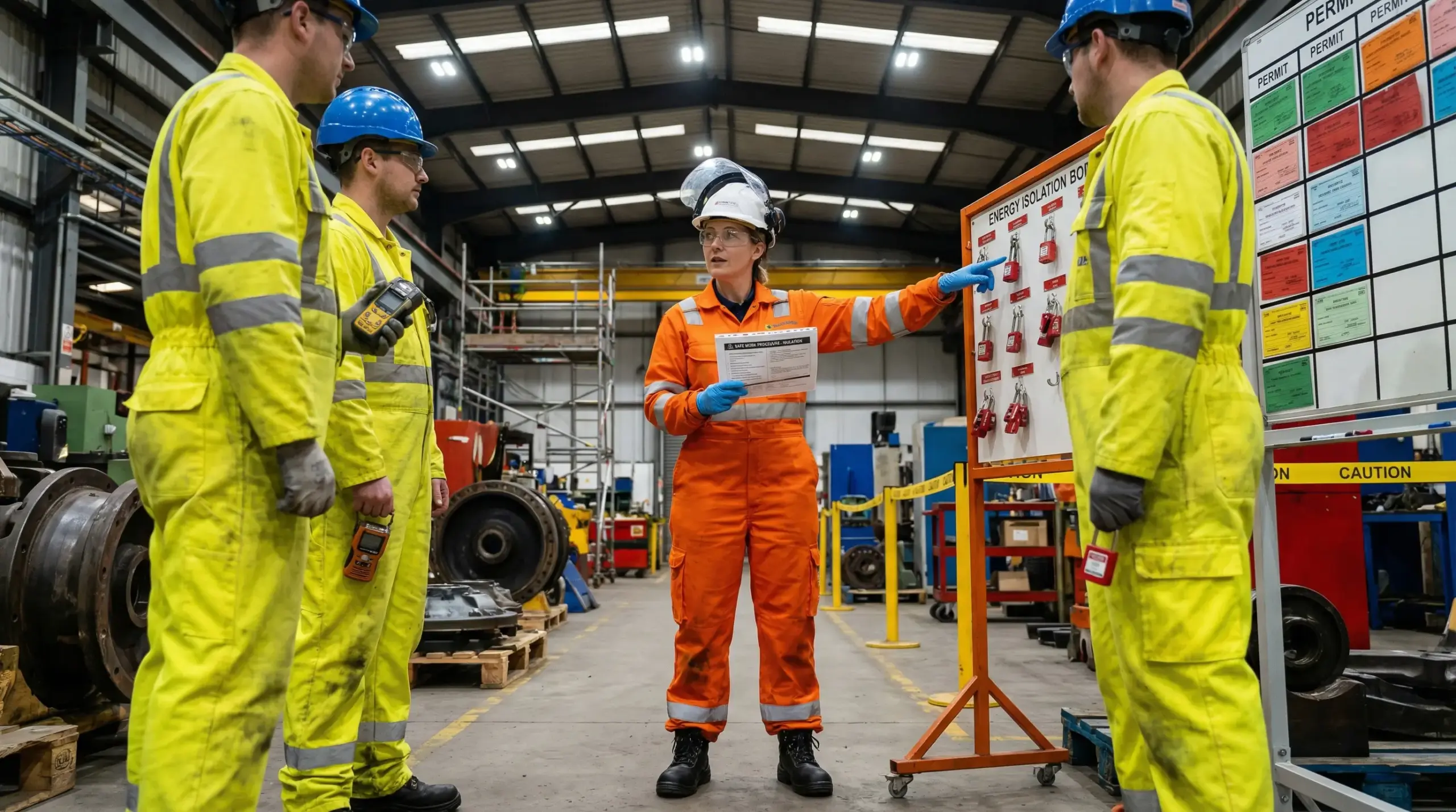 Female safety supervisor in orange coveralls briefs three male workers in yellow safety gear inside an industrial warehouse facility.