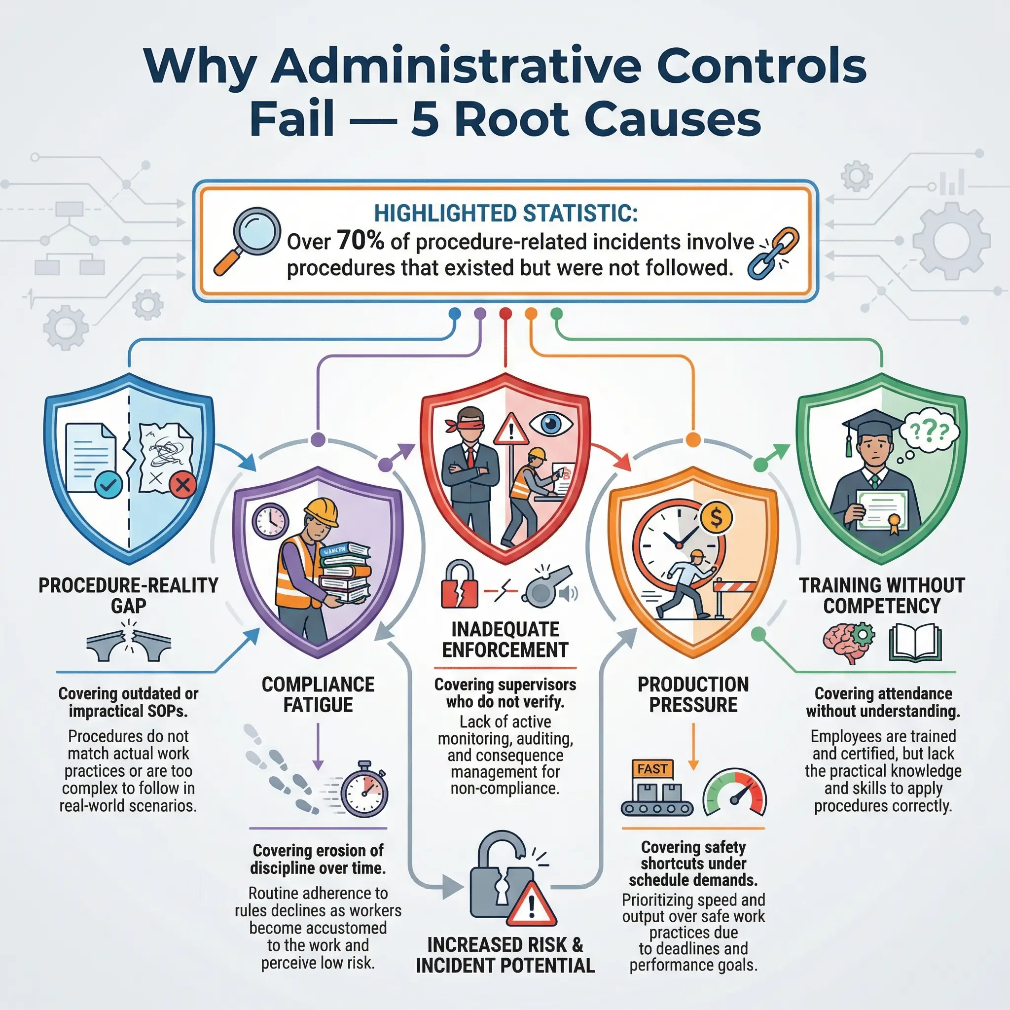 Infographic showing five root causes of administrative control failures: procedure-reality gap, compliance fatigue, inadequate enforcement, production pressure, and training without competency.