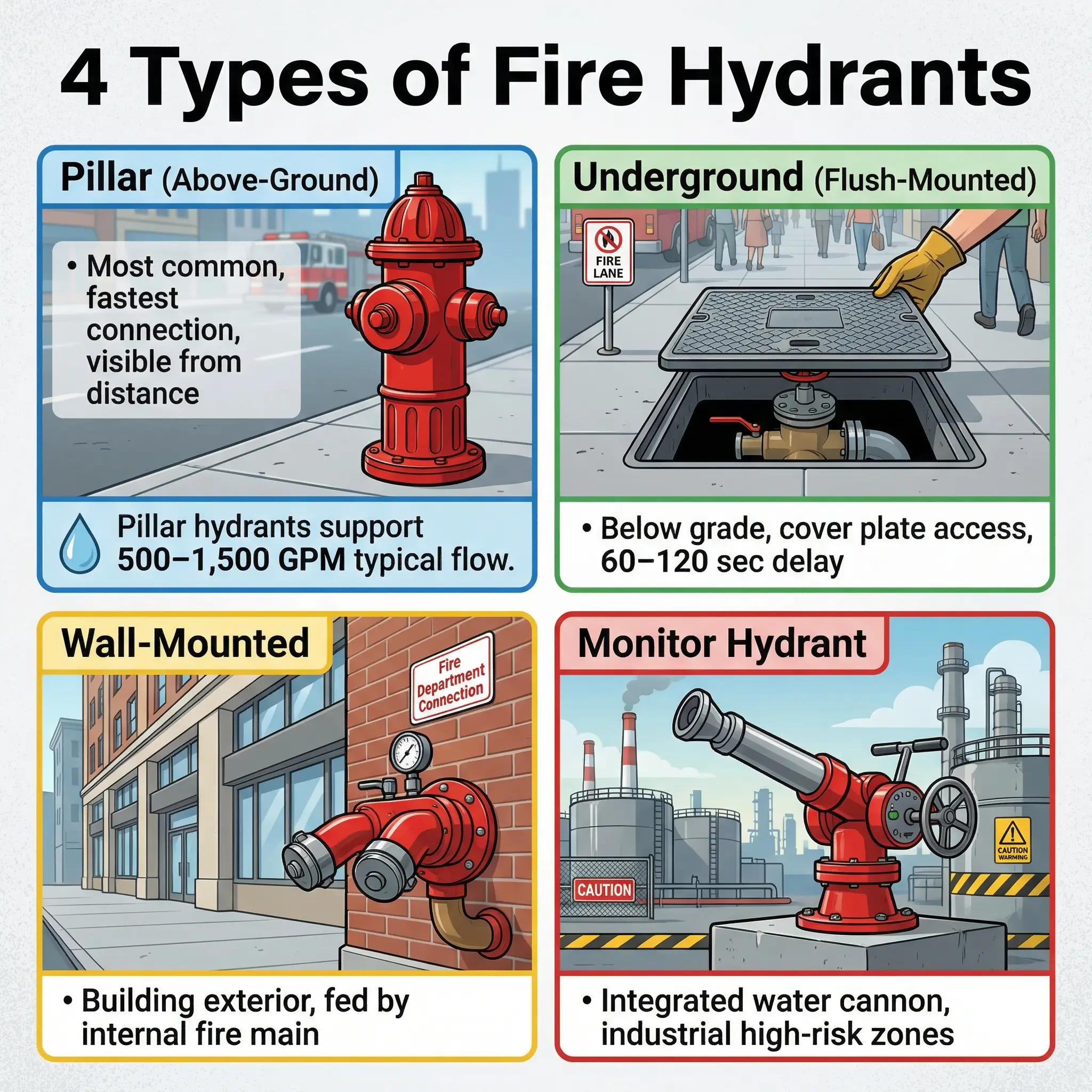Infographic showing four fire hydrant types: Pillar, Underground, Wall-Mounted, and Monitor, with descriptions of their uses and flow rates.