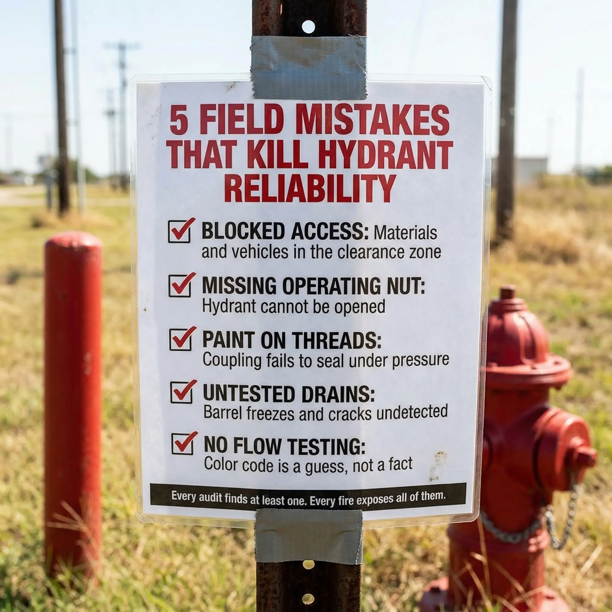 Poster listing five hydrant maintenance mistakes: blocked access, missing nuts, painted threads, untested drains, and lack of flow testing.