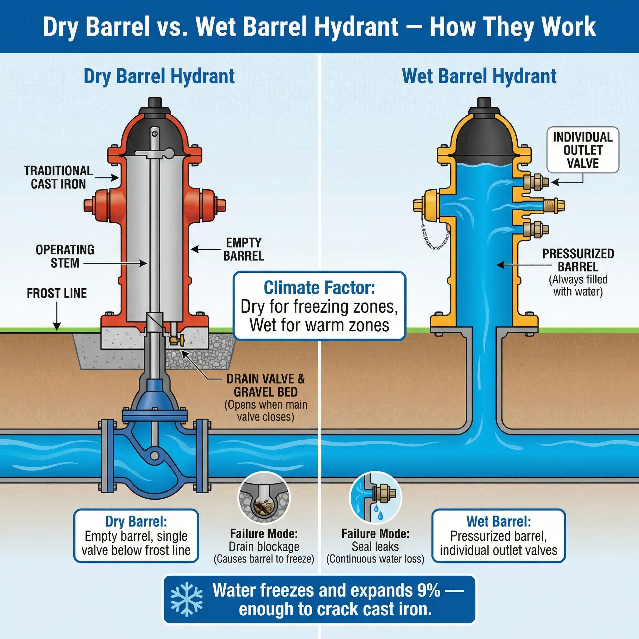Diagram comparing dry barrel hydrants for freezing climates vs. wet barrel hydrants for warm zones, showing internal water levels and valves.