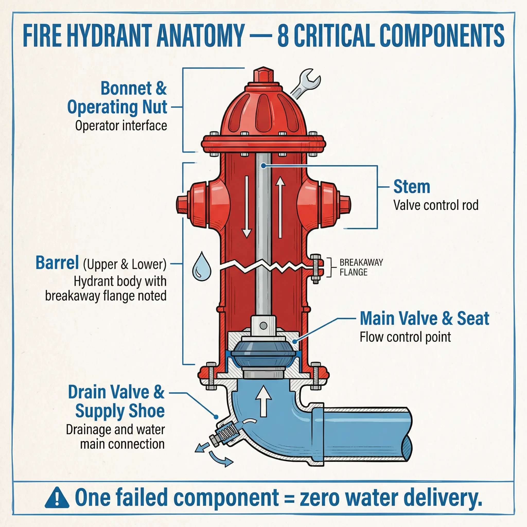 Detailed anatomical diagram of a fire hydrant labeling 8 critical parts including the operating nut, stem, barrel, main valve, and drain valve.