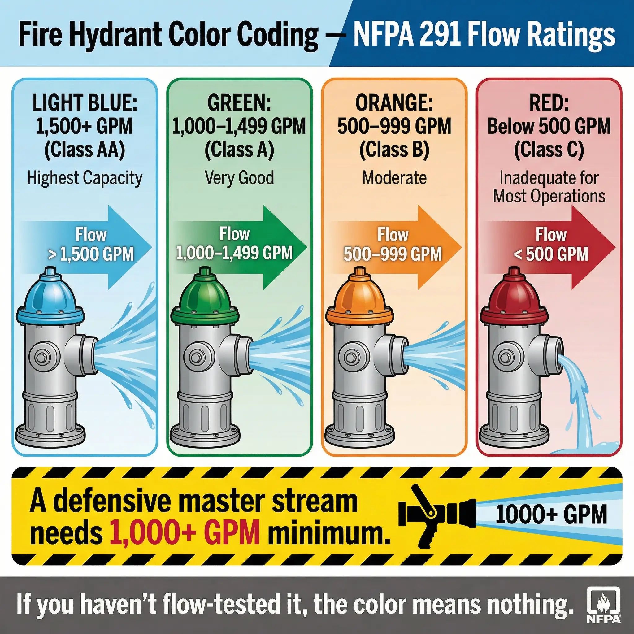 NFPA 291 chart showing hydrant color codes by flow: Light Blue (1500+ GPM), Green (1000+), Orange (500+), and Red (below 500 GPM).