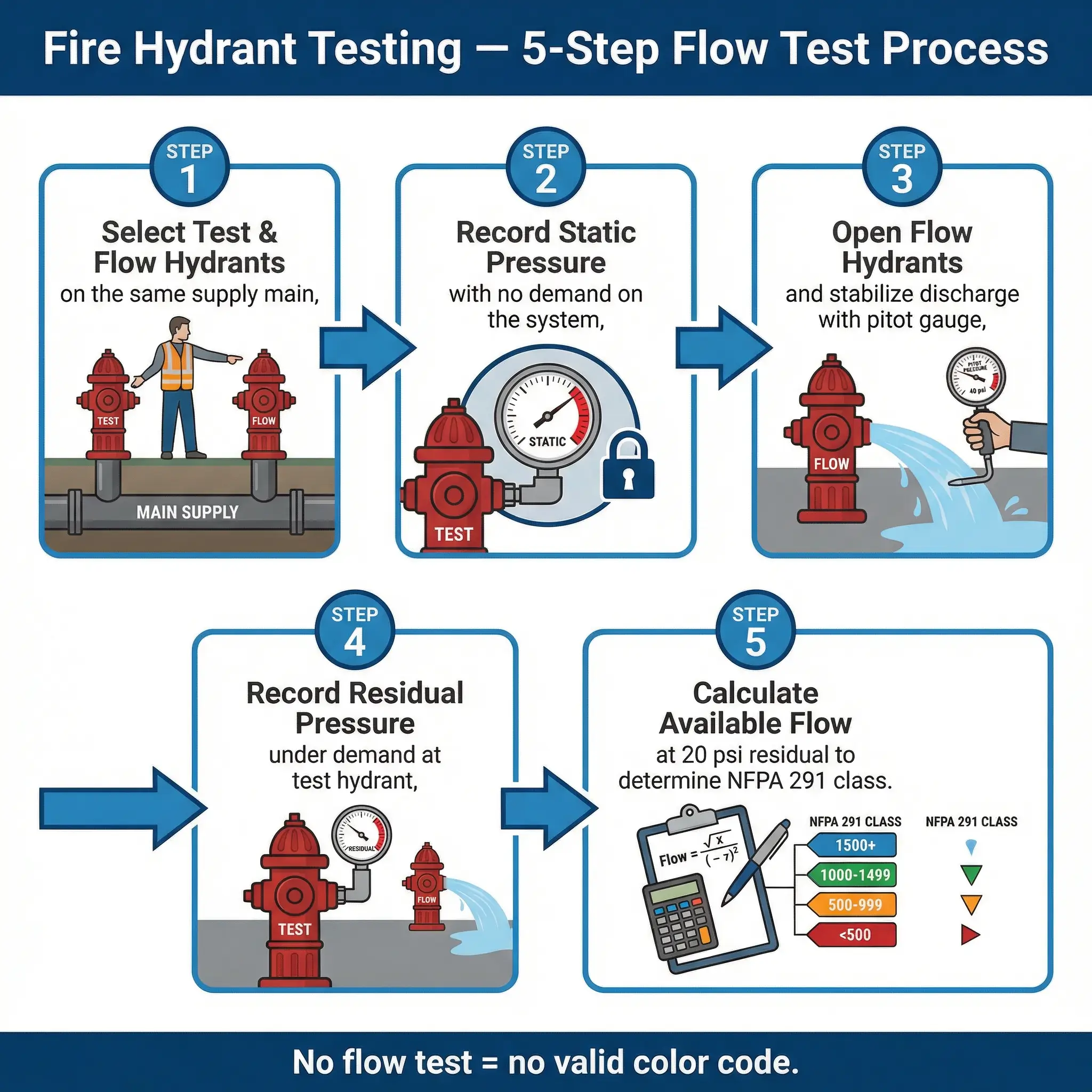 A 5-step infographic for fire hydrant flow testing: select hydrants, record static and residual pressure, and calculate GPM for NFPA 291 class.