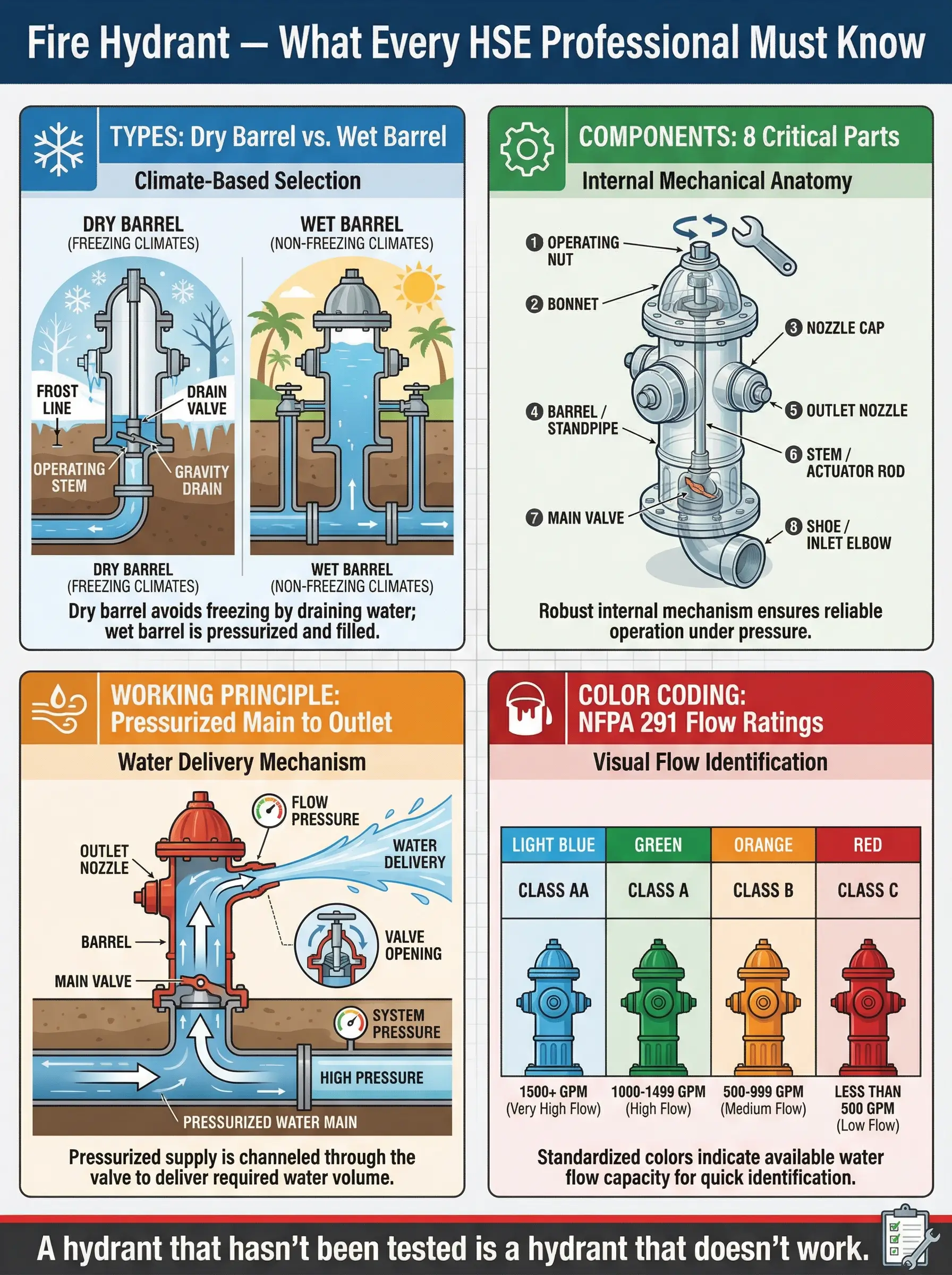 HSE infographic overviewing fire hydrant types, 8 critical internal components, pressurized working principles, and NFPA 291 color flow ratings.