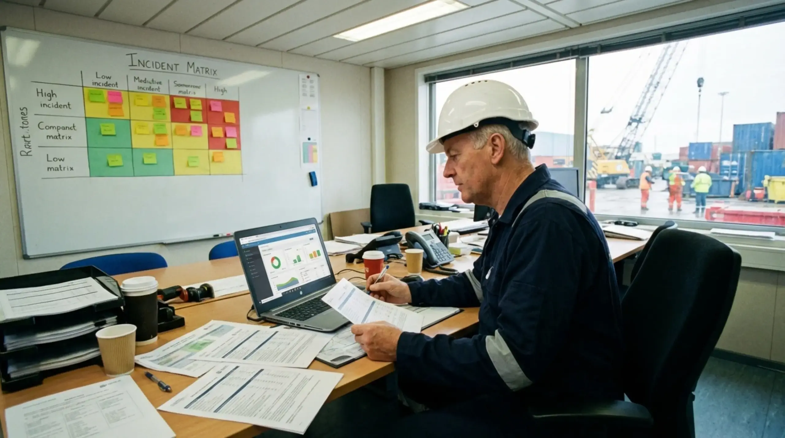 Construction site manager reviews incident data and reports at desk overlooking port with containers and shipping equipment visible through window.