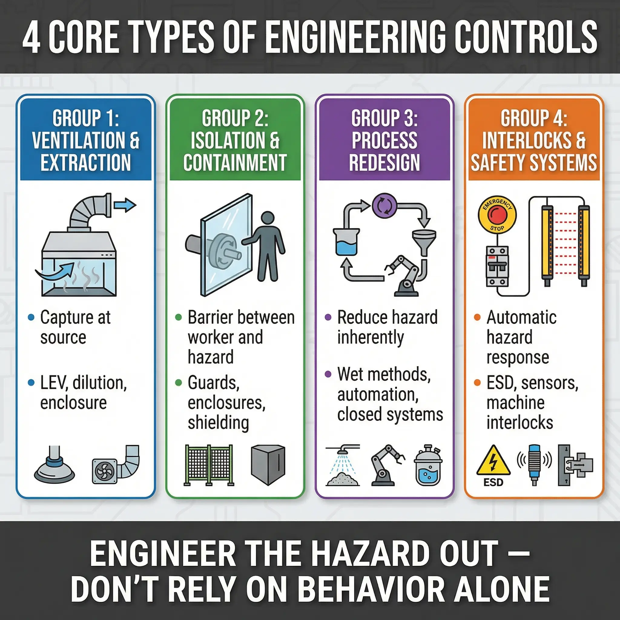 Infographic showing four core types of engineering controls for workplace hazard prevention: ventilation and extraction, isolation and containment, process redesign, and interlocks and safety systems.