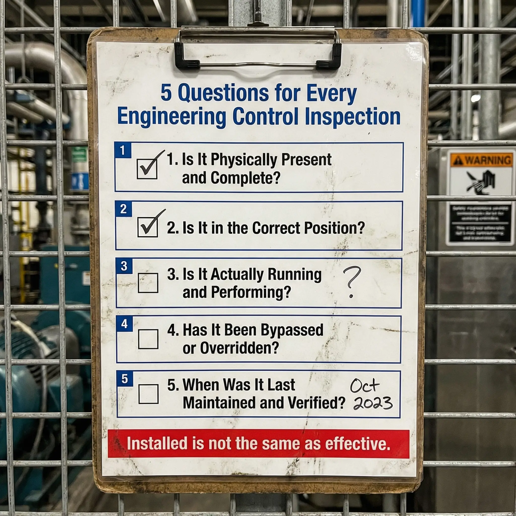 Clipboard displaying five engineering control inspection checklist questions with checkmarks on questions one and two, and handwritten notes on questions three and five.