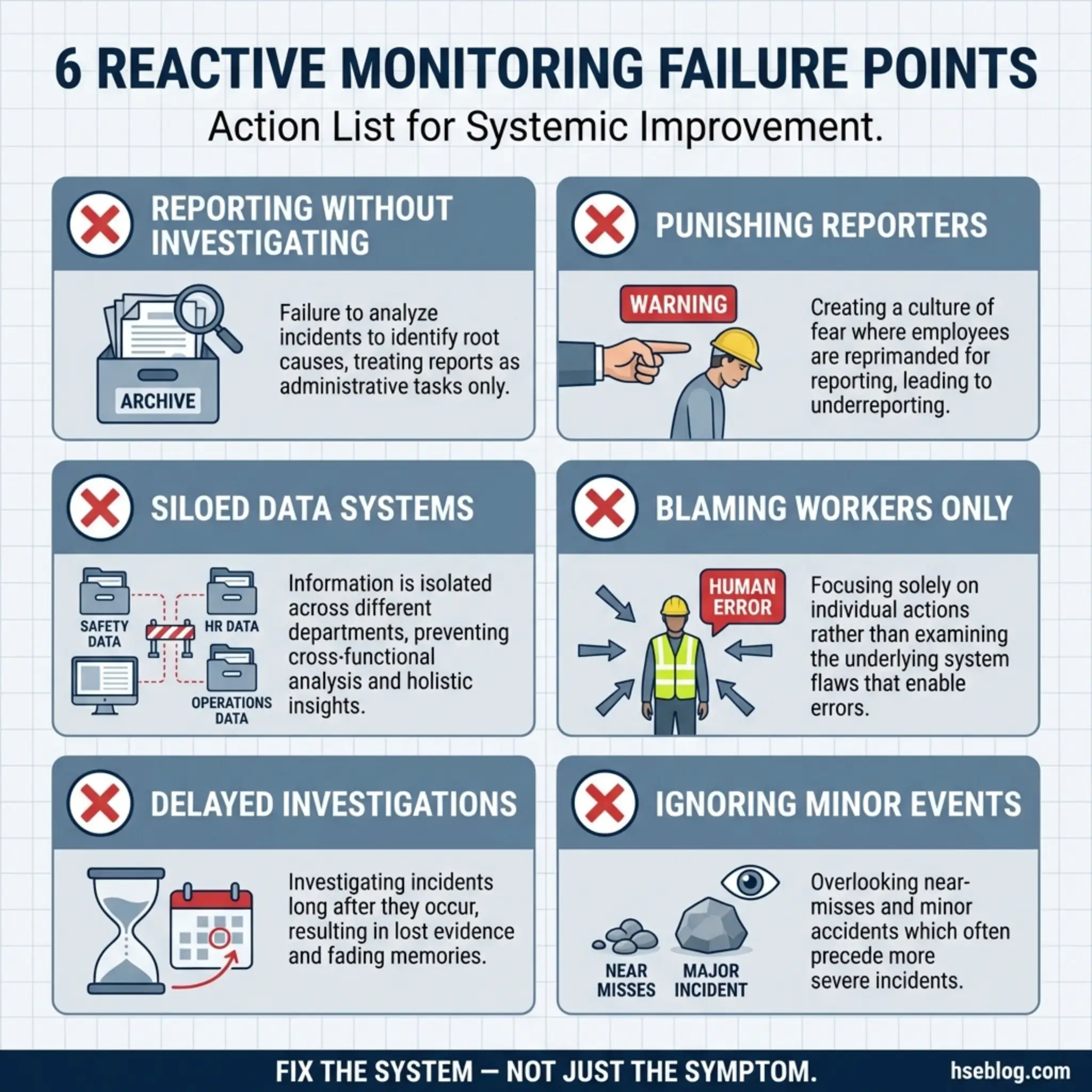 Infographic showing six reactive monitoring failures in workplace safety including reporting without investigating, punishing reporters, siloed data systems, blaming workers, delayed investigations...