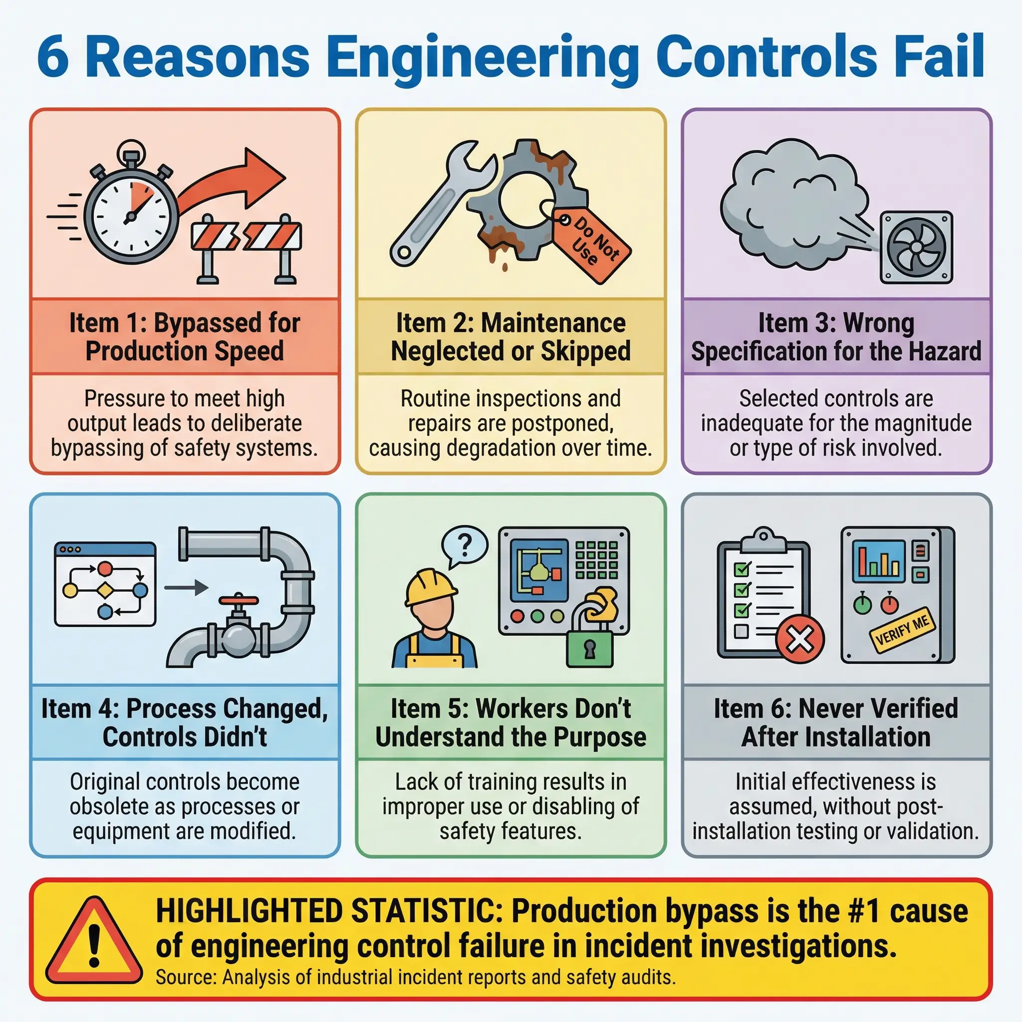 Infographic displaying six common reasons why engineering safety controls fail, including production speed bypassing, neglected maintenance, inadequate specifications, process changes, worker train...