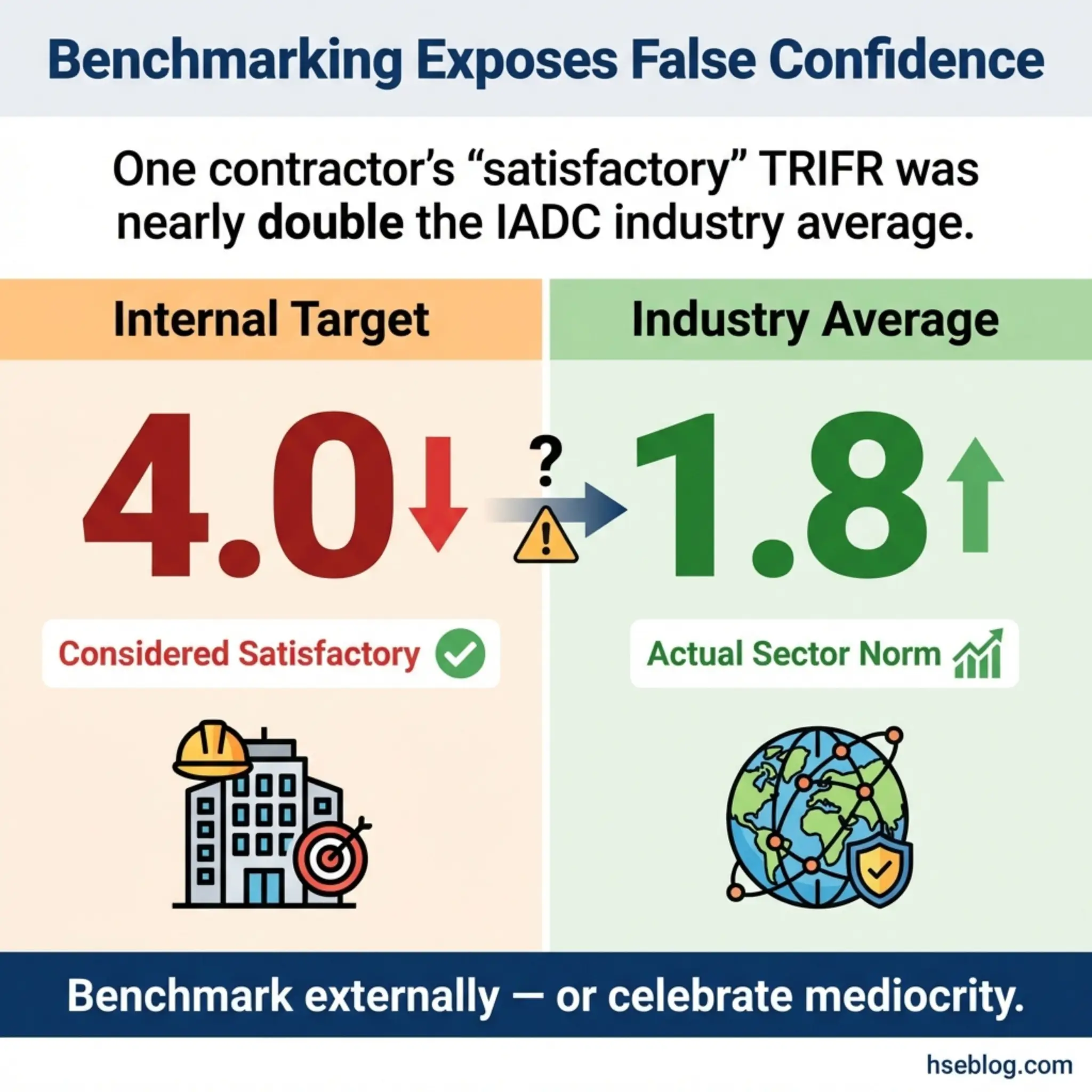 Infographic comparing internal TRIFR target of 4.0 marked satisfactory versus IADC industry average of 1.8, illustrating false confidence without external benchmarking.